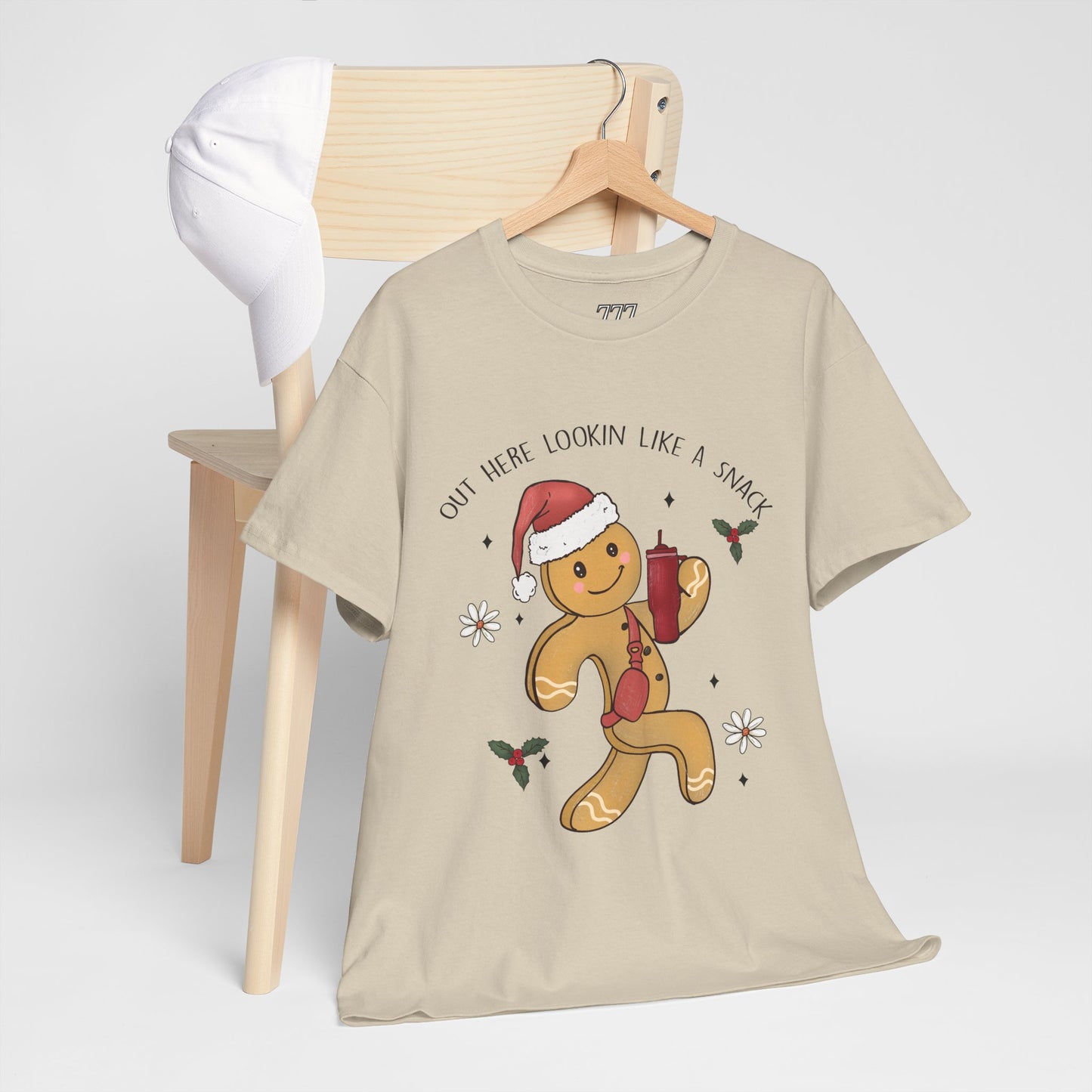 Out Here Looking Like a Snack Gingerbread Funny Christmas Holiday Tee – Cute Santa Hat Festive Unisex Heavy Cotton T-Shirt