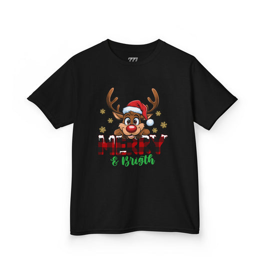 Merry & Bright Kids Christmas T-Shirt – Cute Reindeer Holiday Heavy Cotton Tee