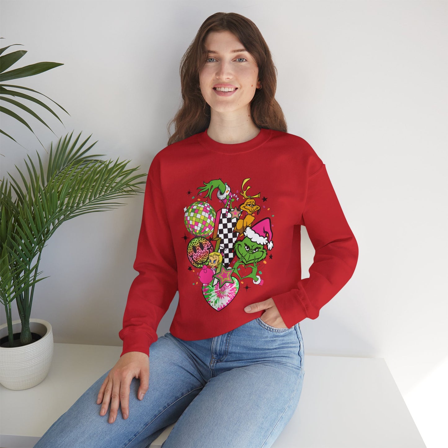 Grinchy Bells Christmas Crewneck – Neon Holiday Hearts & Grumpy Green Aesthetic Sweatshirt (Unisex)
