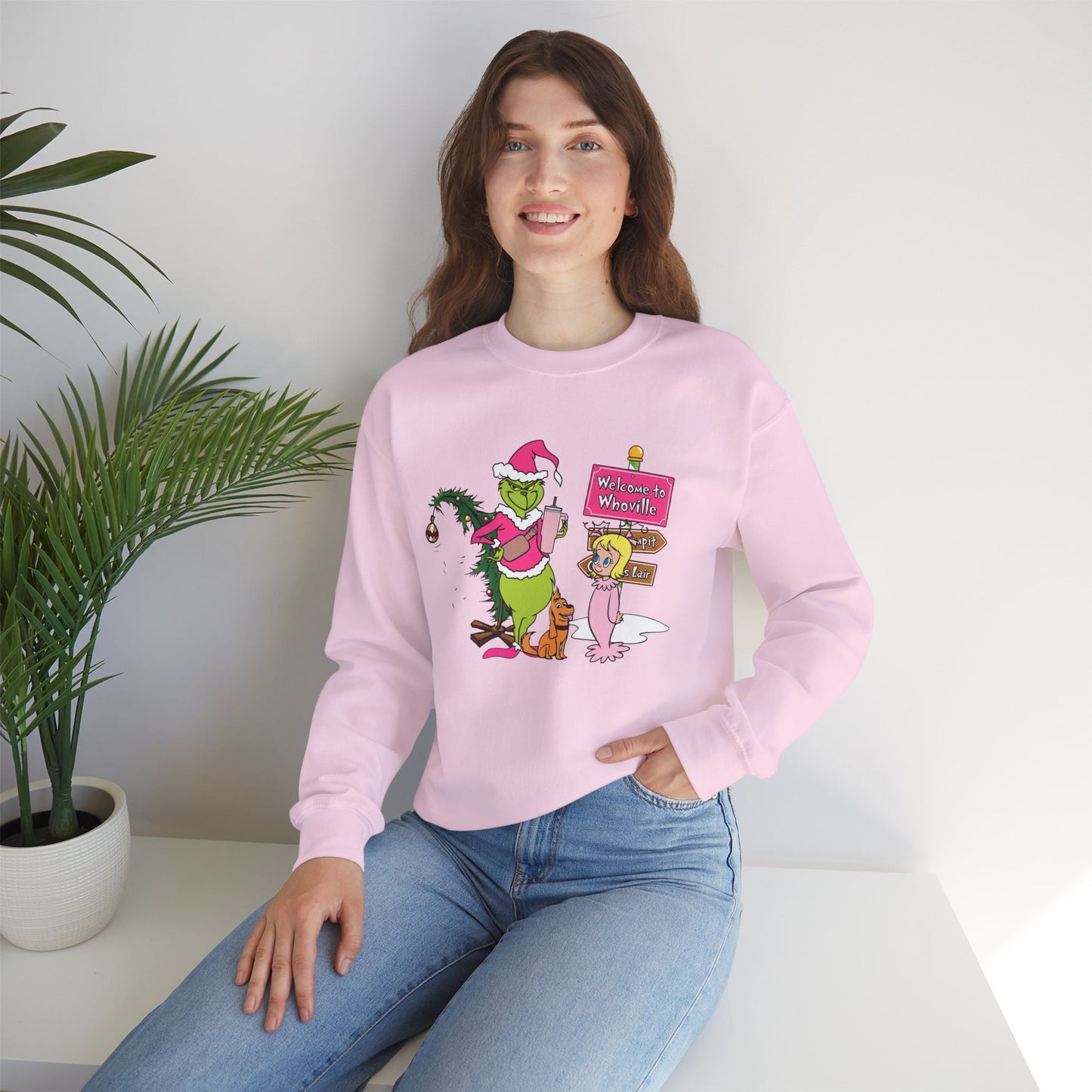 Welcome to Merryville Christmas Crewneck – Cute Green Creature & Winter Village Sweatshirt (Unisex)