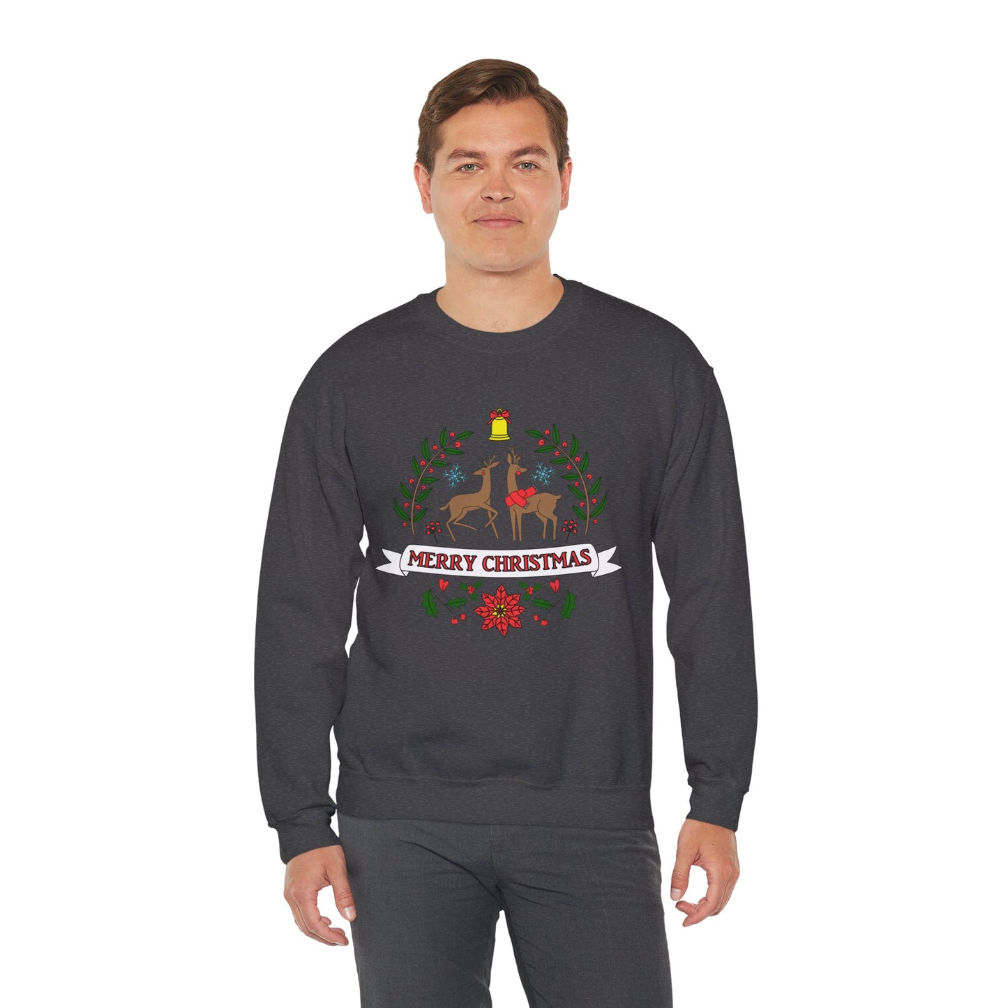 Merry Christmas Reindeer Crewneck – Classic Holiday Laurel & Poinsettia Sweatshirt (Unisex)