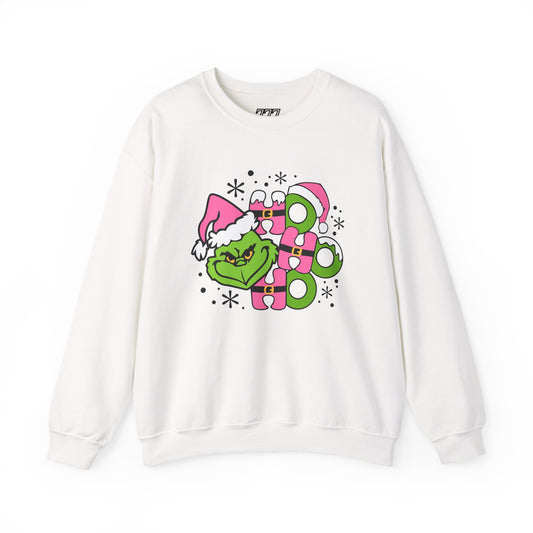 HO HO HO Funny Christmas Grinch-Inspired Holiday Sweatshirt – Cute Pink Santa Unisex Heavy Blend Crewneck
