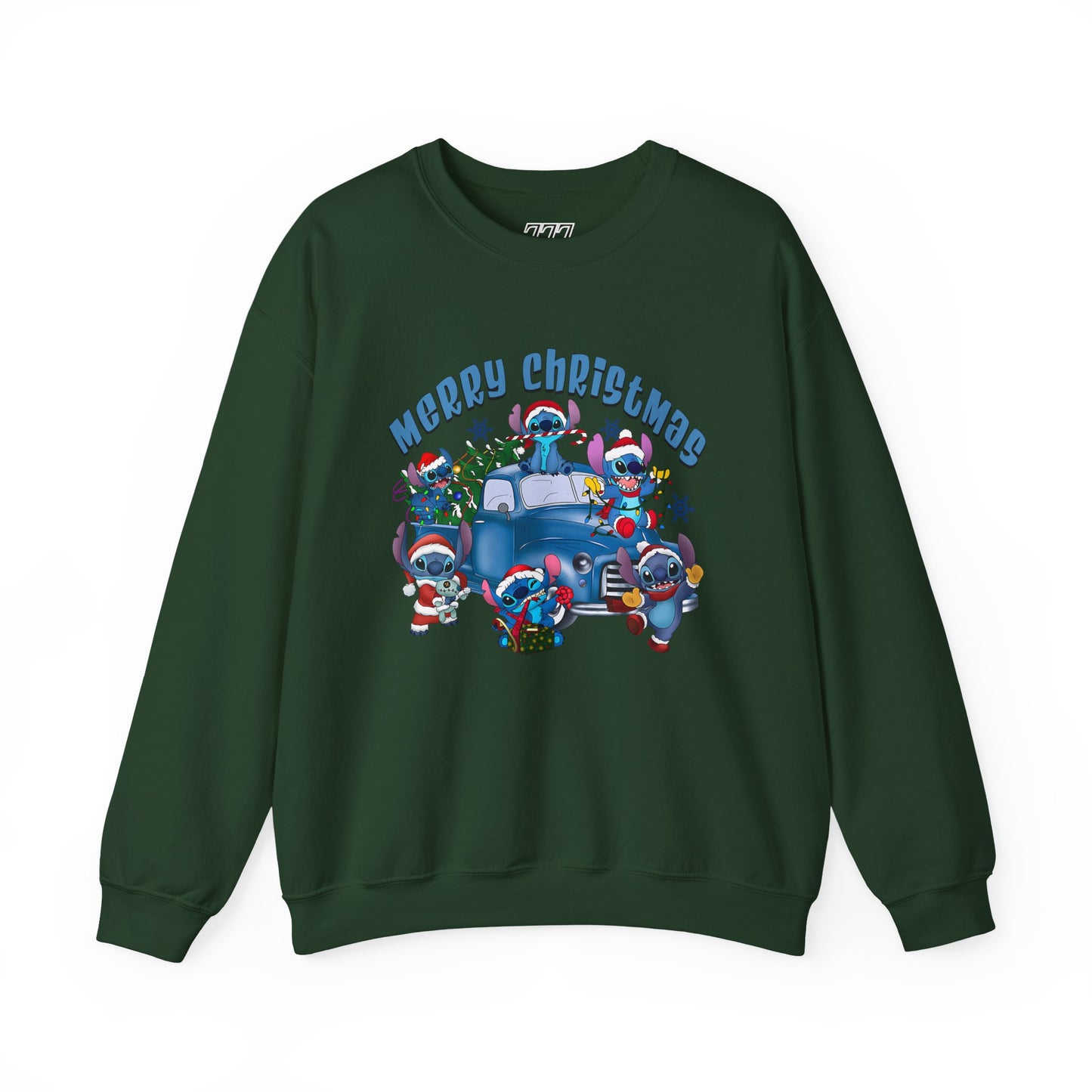 Merry Christmas Unisex Heavy Blend Crewneck Sweatshirt – Blue Christmas Truck & Cute Holiday Characters Sweater