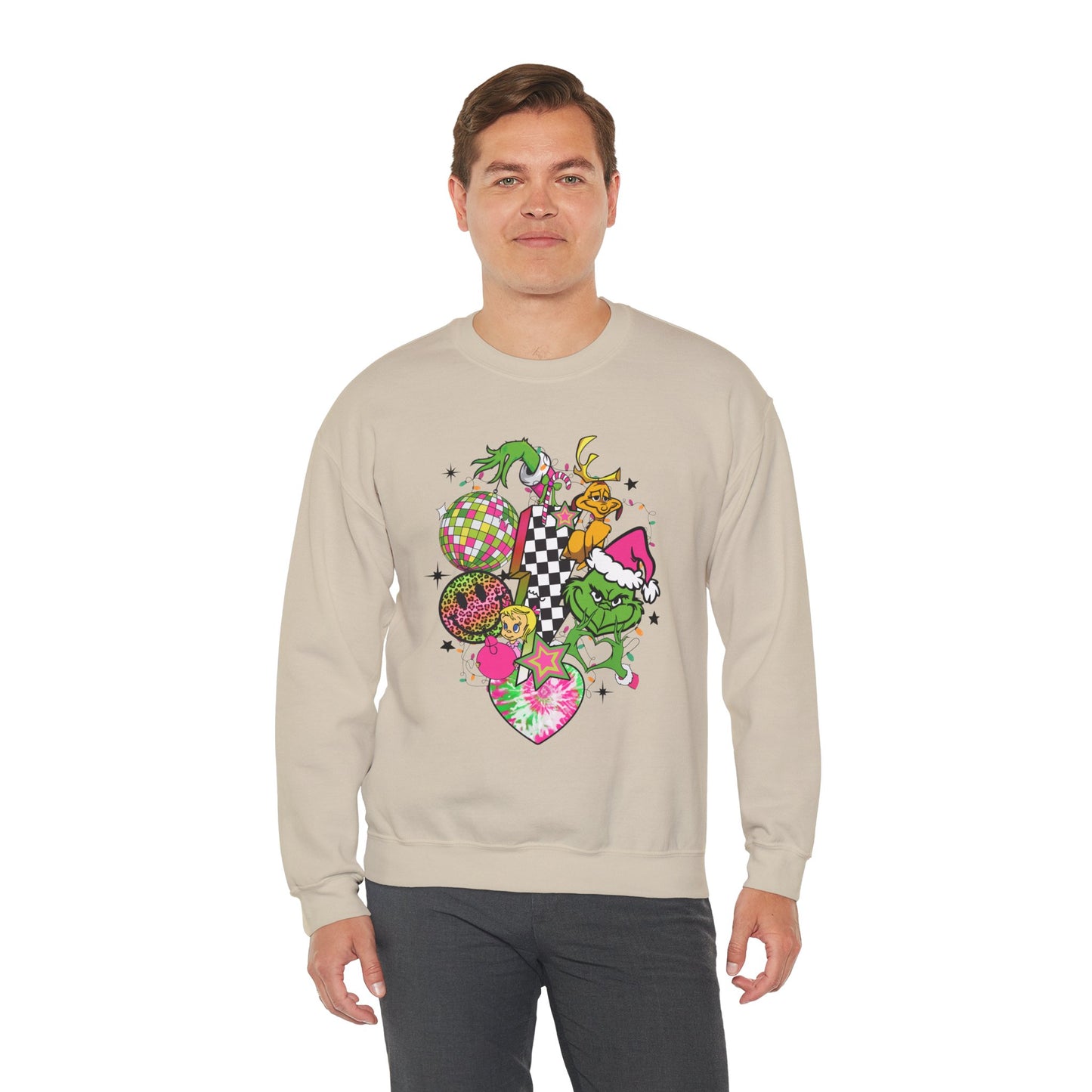Grinchy Bells Christmas Crewneck – Neon Holiday Hearts & Grumpy Green Aesthetic Sweatshirt (Unisex)
