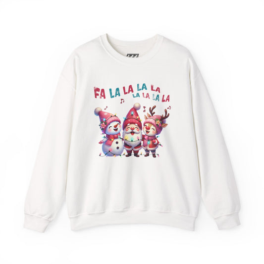 Festive Caroling Trio Christmas Crewneck – Cute Santa, Snowman & Reindeer Holiday Sweatshirt (Unisex)