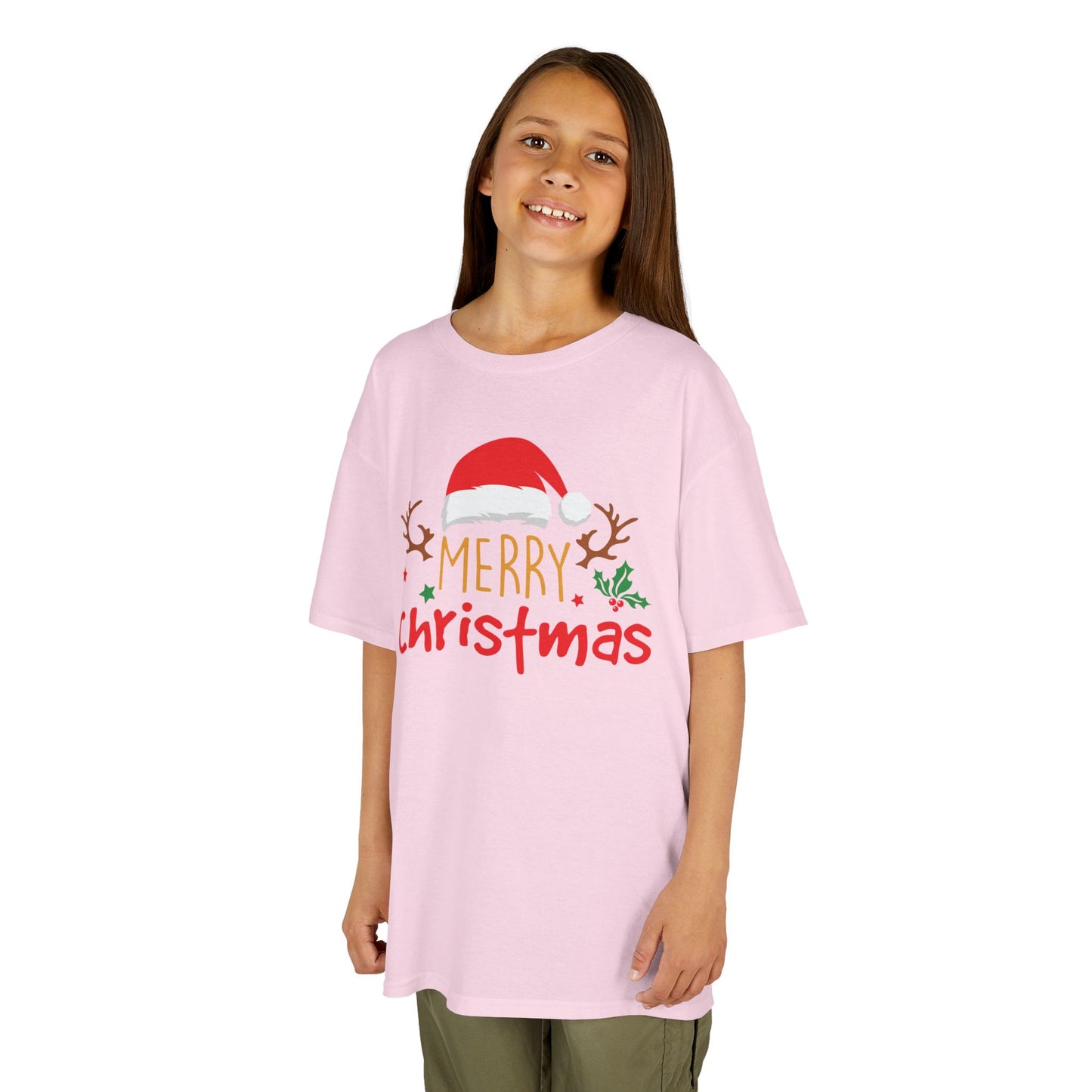 Merry Christmas Reindeer Kids T-Shirt – Cute Holiday Santa Hat Xmas Graphic Tee