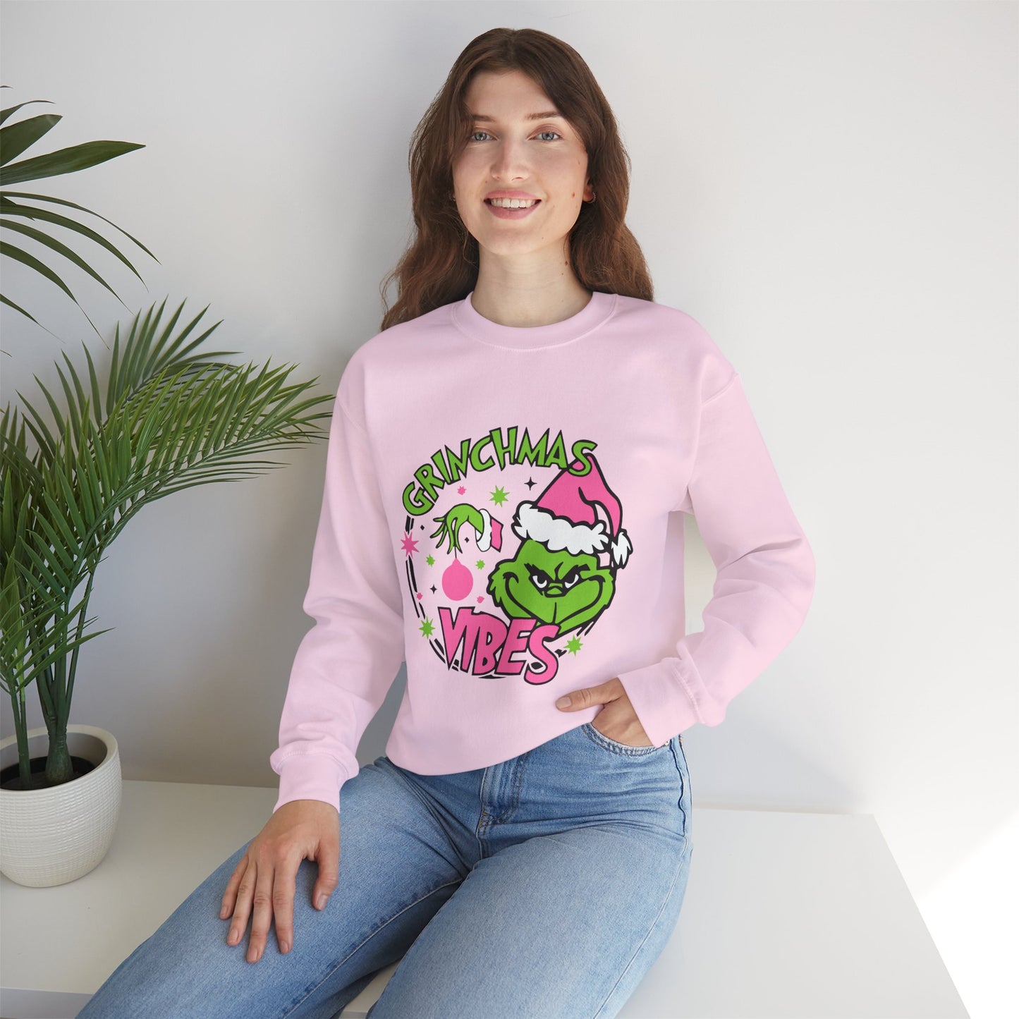 Grinchmas Vibes Funny Christmas Grinch-Inspired Holiday Sweatshirt – Pink Santa Festive Unisex Heavy Blend Crewneck