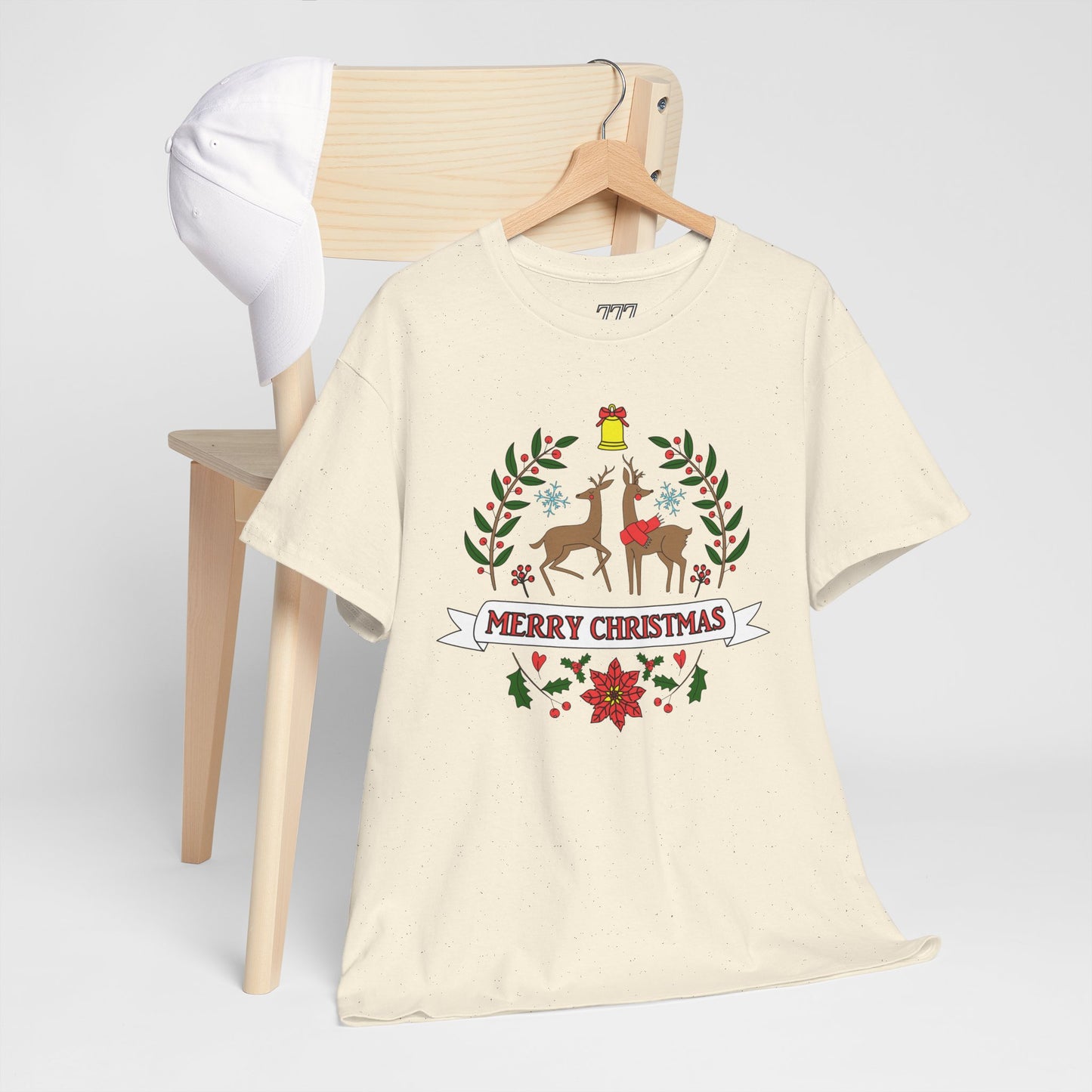 Merry Christmas Reindeer T-Shirt – Classic Holiday Laurel & Poinsettia Tee (Unisex)