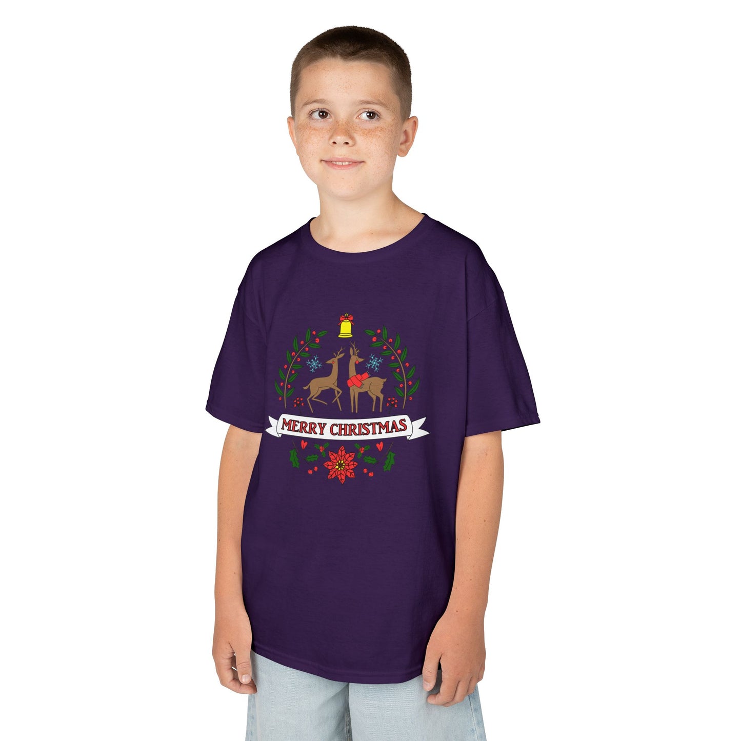Merry Christmas Reindeer Kids T-Shirt – Cute Holiday Laurel & Poinsettia Tee