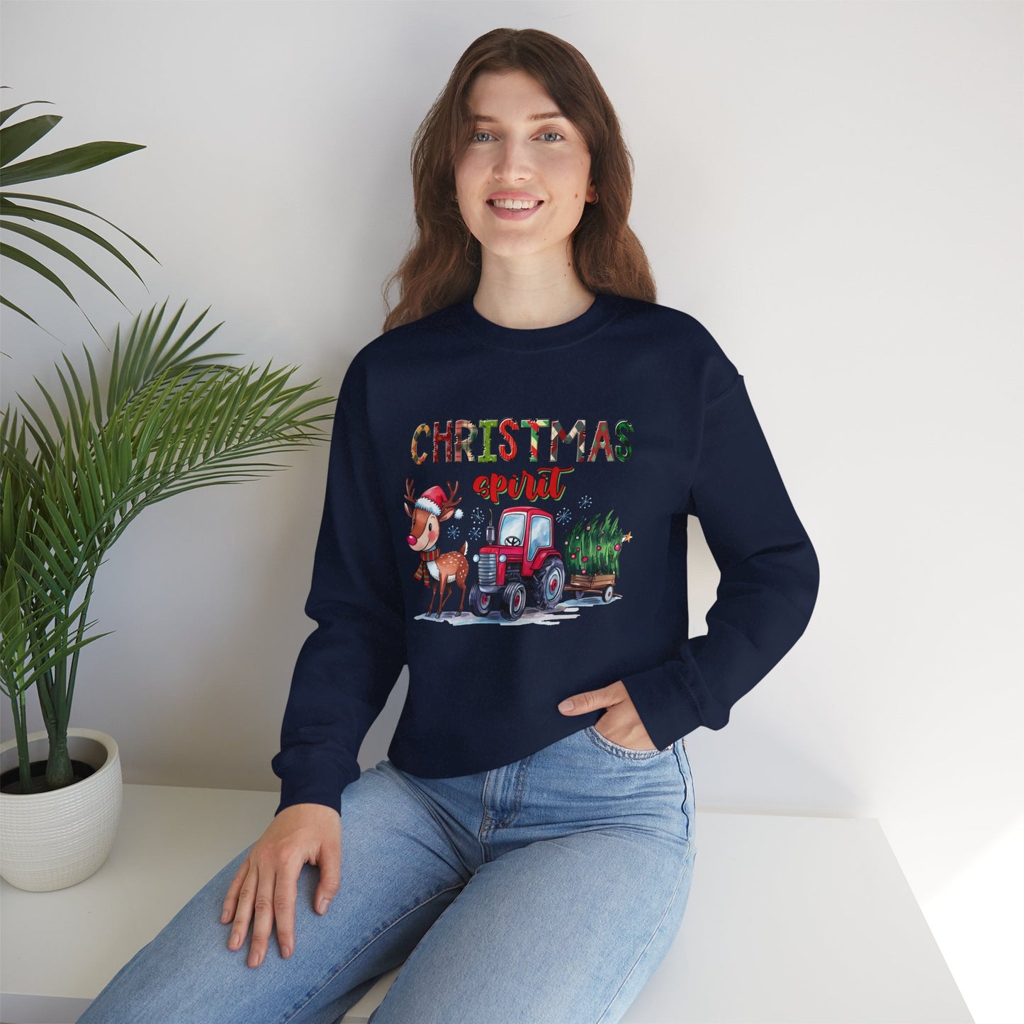 Christmas Spirit Unisex Heavy Blend Crewneck Sweatshirt – Cute Reindeer & Red Tractor Holiday Sweater