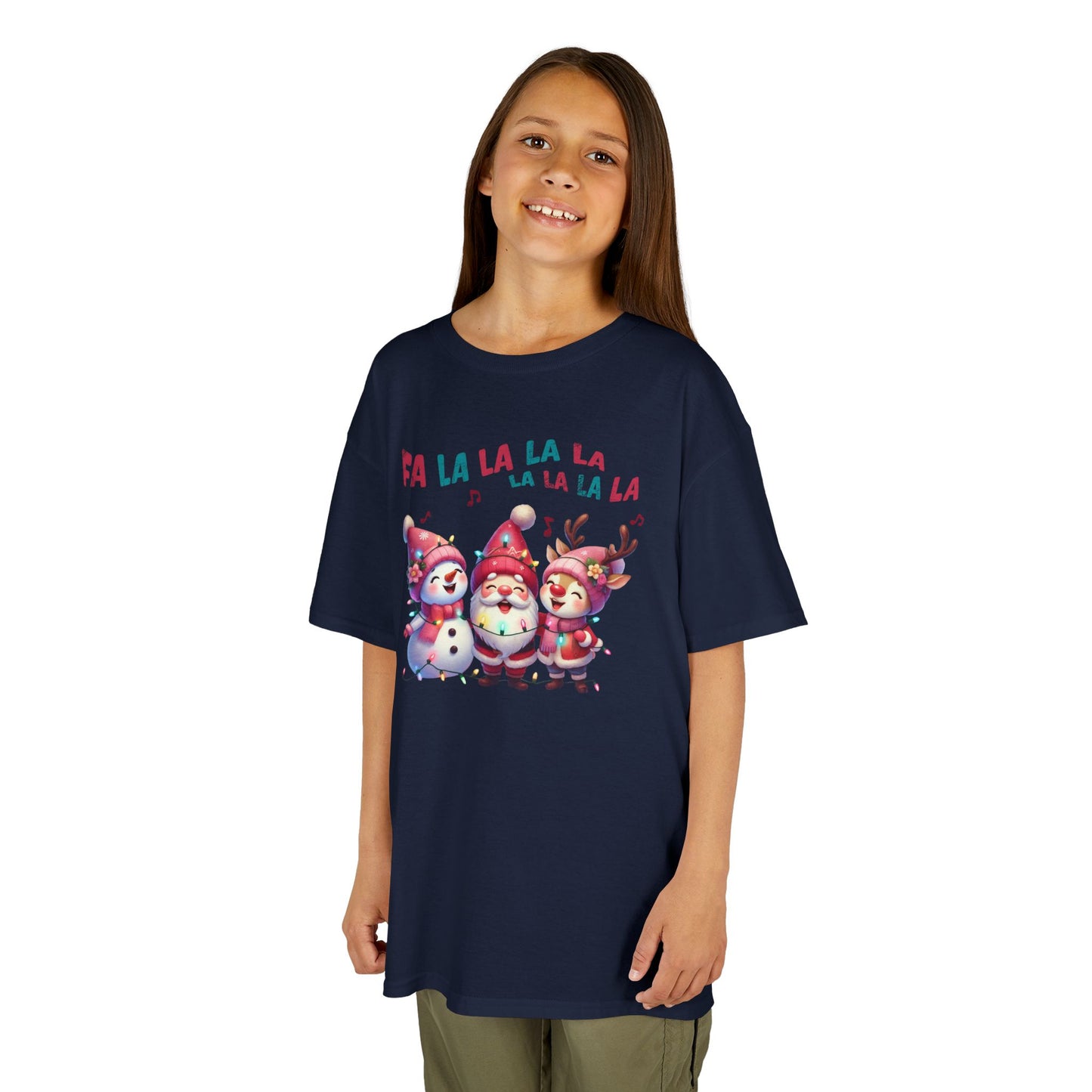 Festive Caroling Trio Kids Christmas T-Shirt – Cute Santa, Snowman & Reindeer Holiday Tee