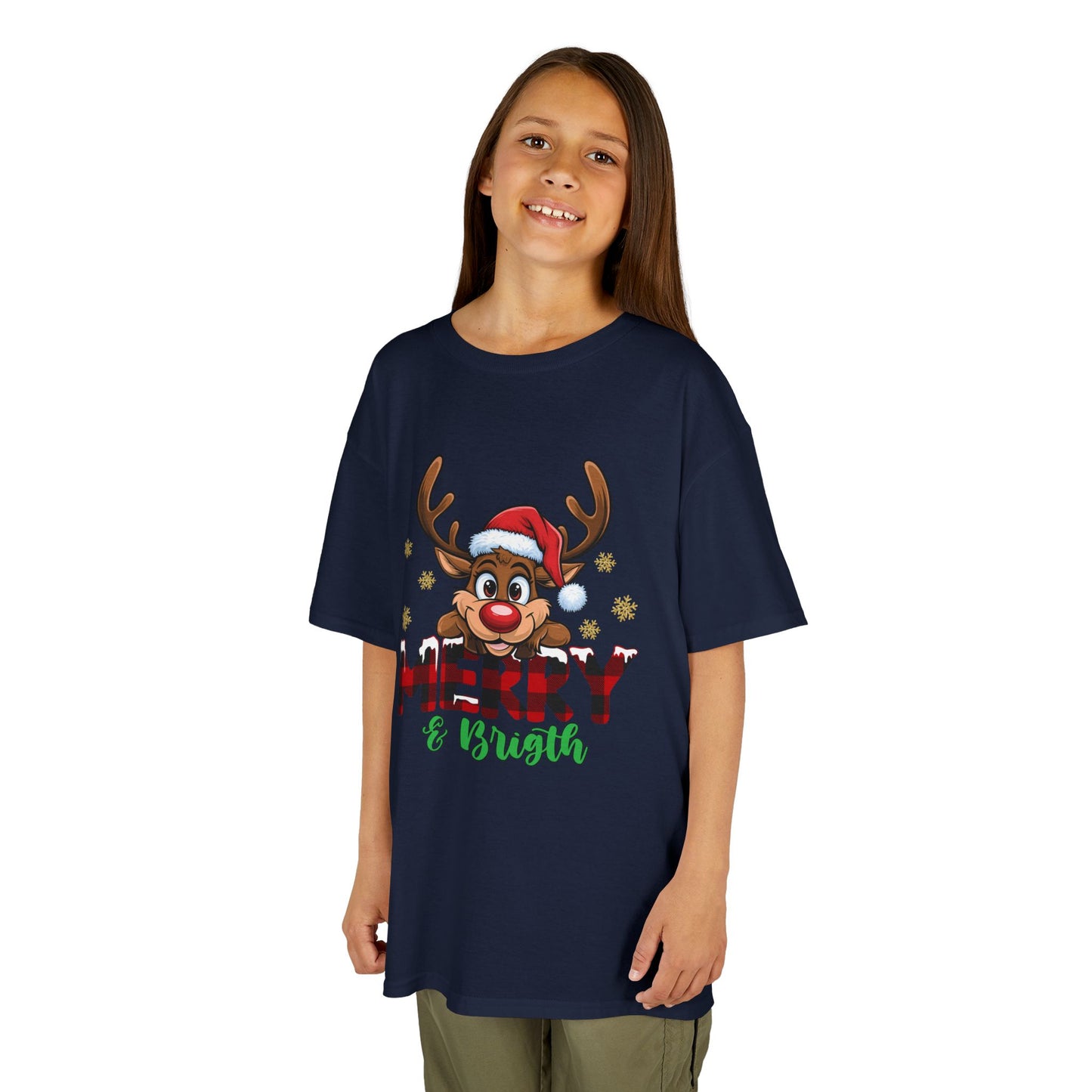 Merry & Bright Kids Christmas T-Shirt – Cute Reindeer Holiday Heavy Cotton Tee