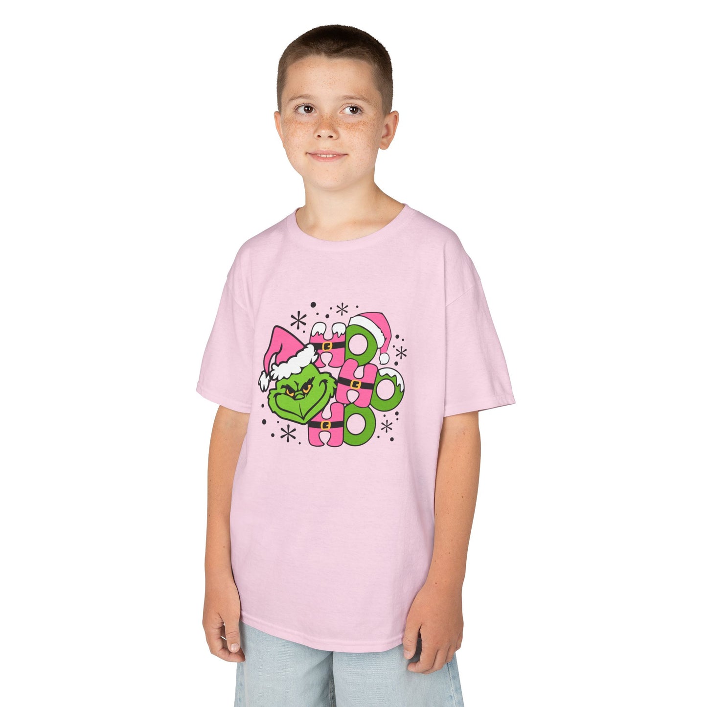HO HO HO Cute Christmas Grinch-Inspired Kids Holiday T-Shirt – Pink Santa Festive Kids Heavy Cotton Tee