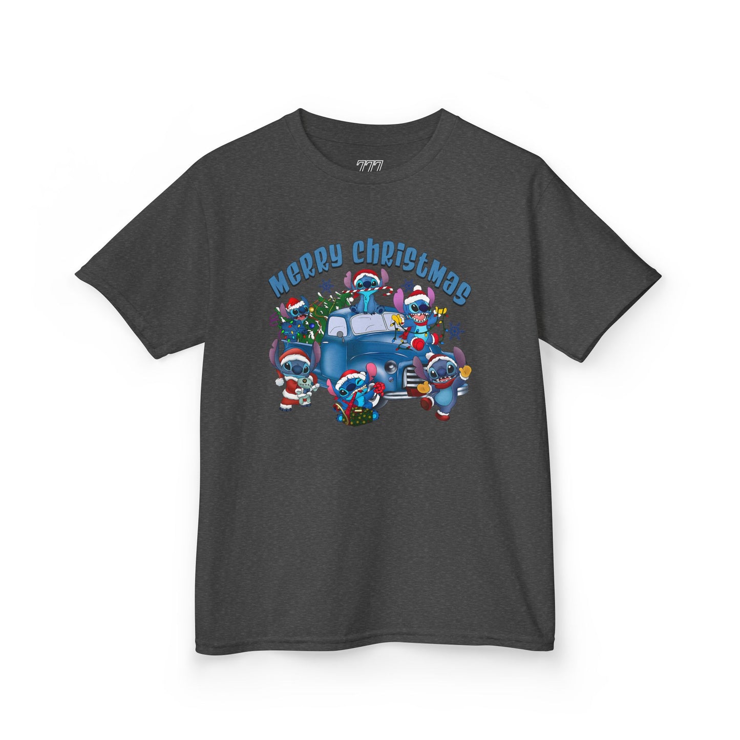 Merry Christmas Kids T-Shirt – Cute Blue Holiday Characters & Christmas Truck Tee