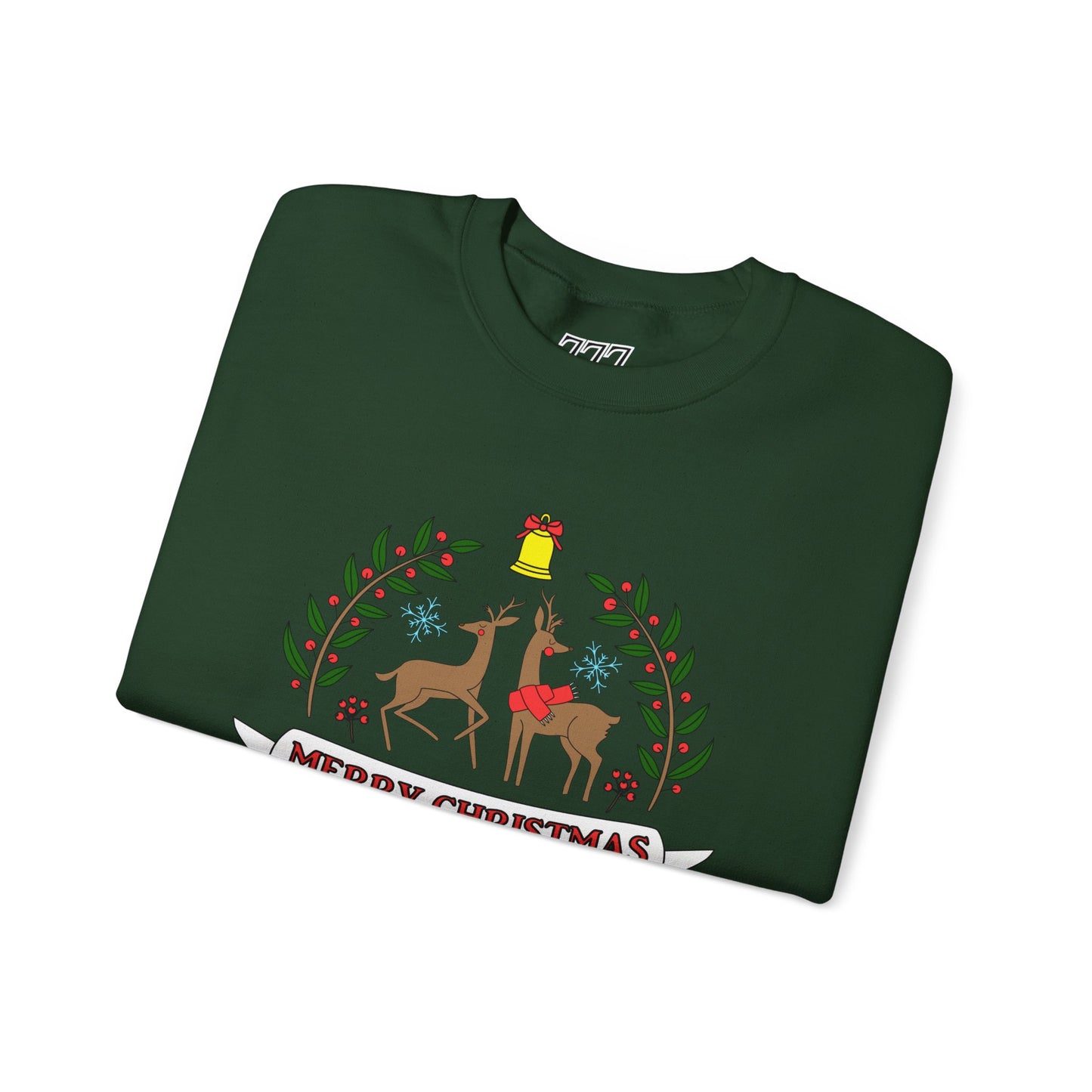 Merry Christmas Reindeer Crewneck – Classic Holiday Laurel & Poinsettia Sweatshirt (Unisex)