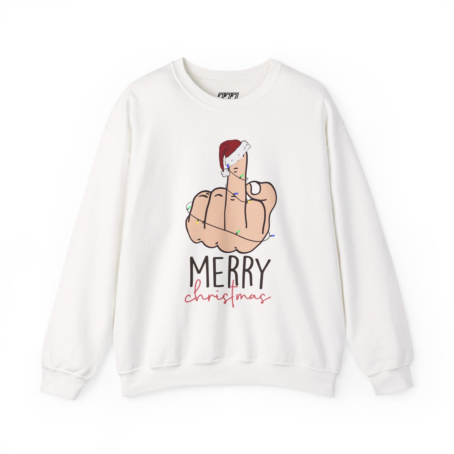 Merry Christmas Middle Finger Funny Adult Holiday Sweatshirt – Sarcastic Santa Joke Unisex Heavy Blend Crewneck