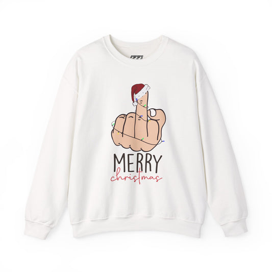 Merry Christmas Middle Finger Funny Adult Holiday Sweatshirt – Sarcastic Santa Joke Unisex Heavy Blend Crewneck