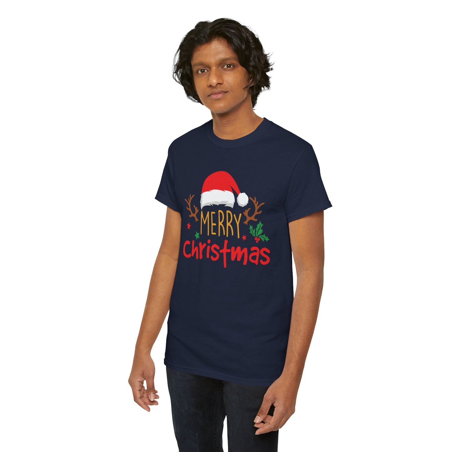 Merry Christmas Reindeer Unisex T-Shirt – Santa Hat Holiday Graphic Tee, Festive Xmas Shirt