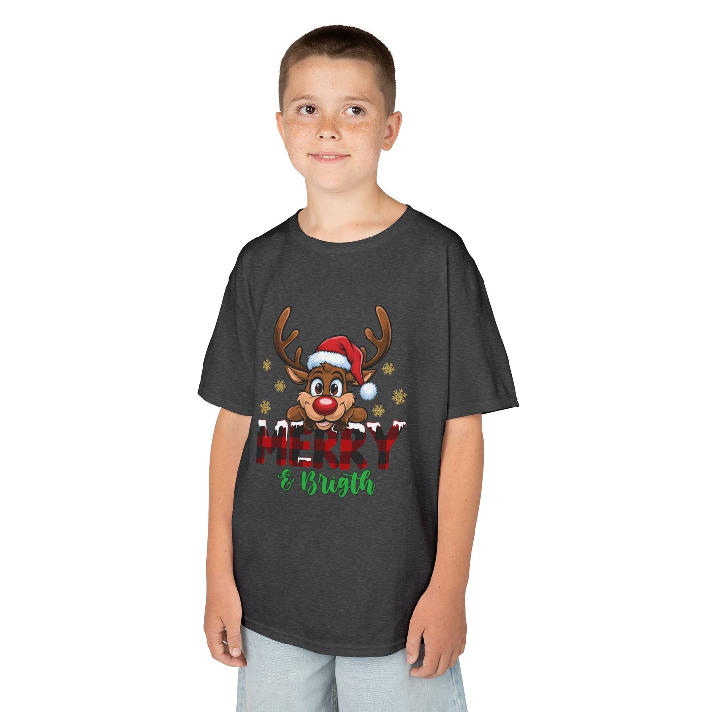Merry & Bright Kids Christmas T-Shirt – Cute Reindeer Holiday Heavy Cotton Tee