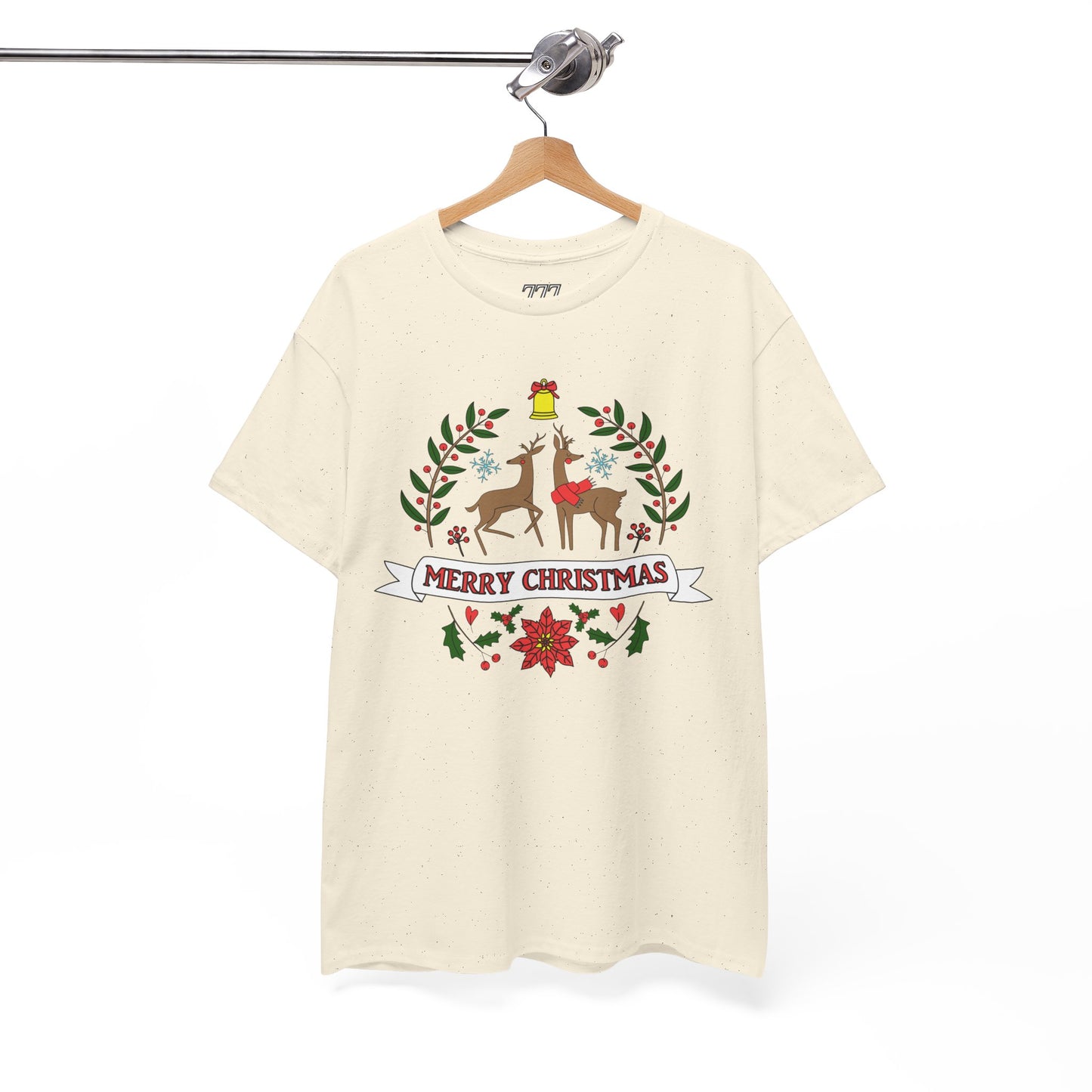 Merry Christmas Reindeer T-Shirt – Classic Holiday Laurel & Poinsettia Tee (Unisex)