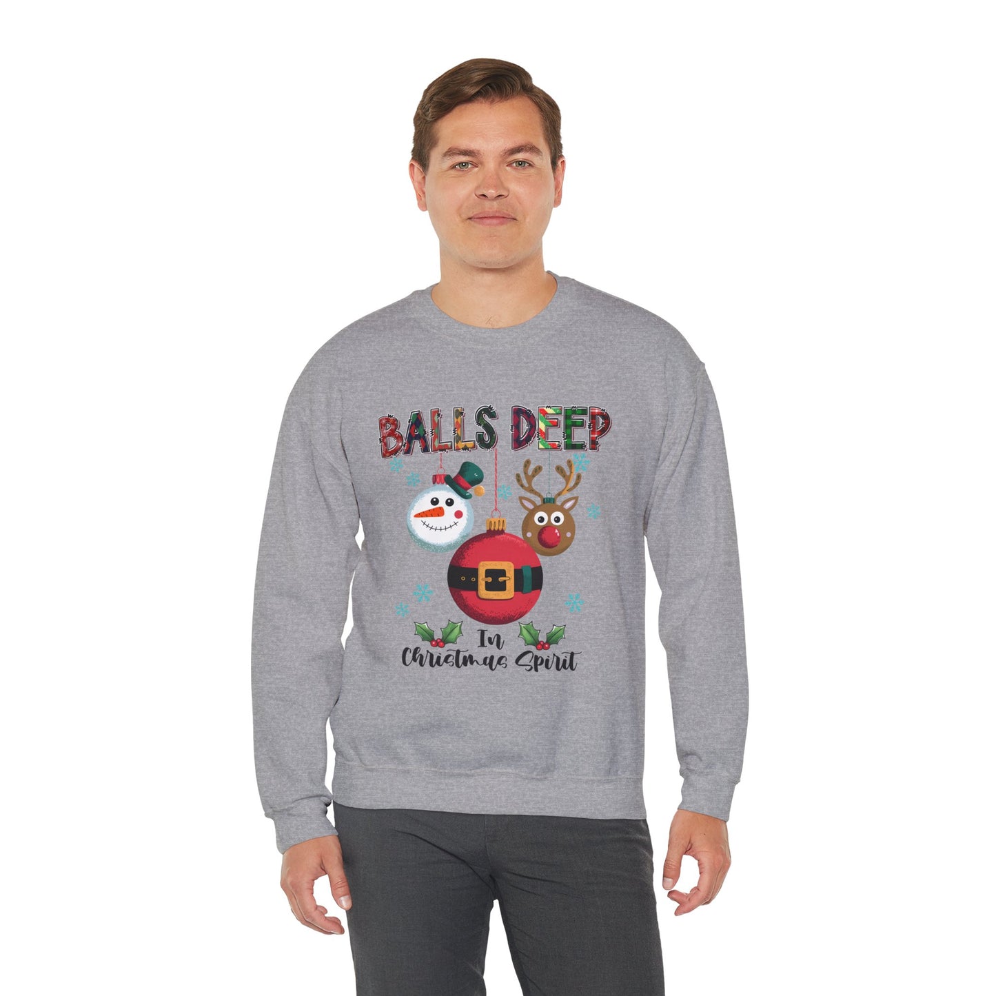 Balls Deep in Christmas Spirit Unisex Heavy Blend Crewneck Sweatshirt – Funny Adult Holiday Snowman & Reindeer Sweater