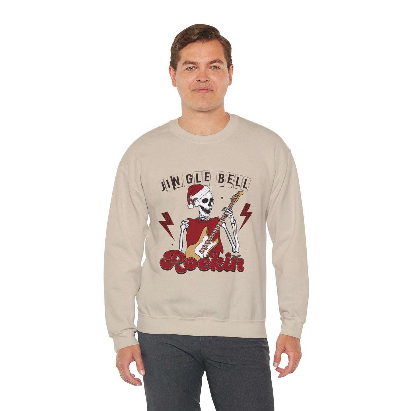 Jingle Bell Rockin’ Skeleton Christmas Rock Music Holiday Sweatshirt – Retro Guitar Santa Unisex Heavy Blend Crewneck