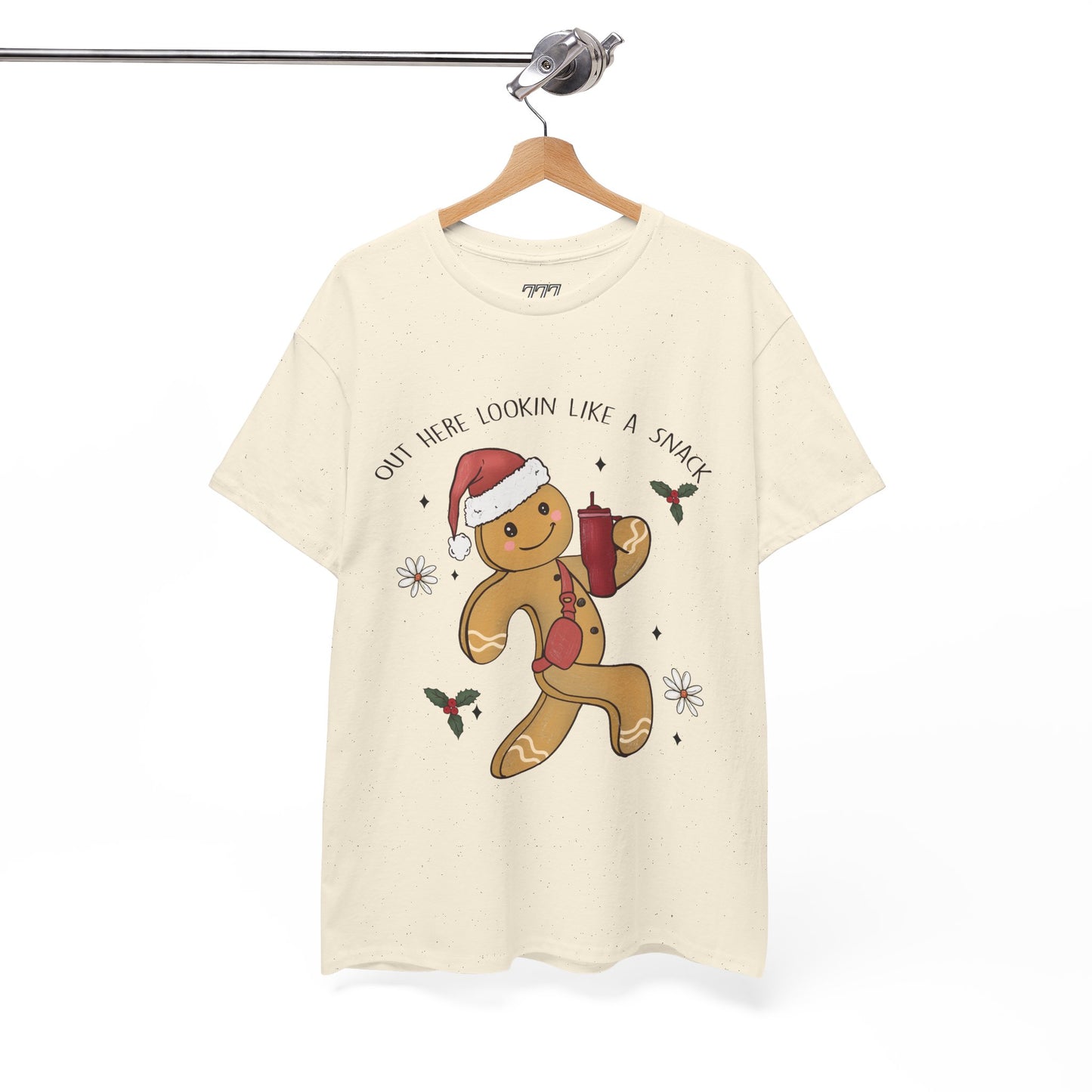 Out Here Looking Like a Snack Gingerbread Funny Christmas Holiday Tee – Cute Santa Hat Festive Unisex Heavy Cotton T-Shirt