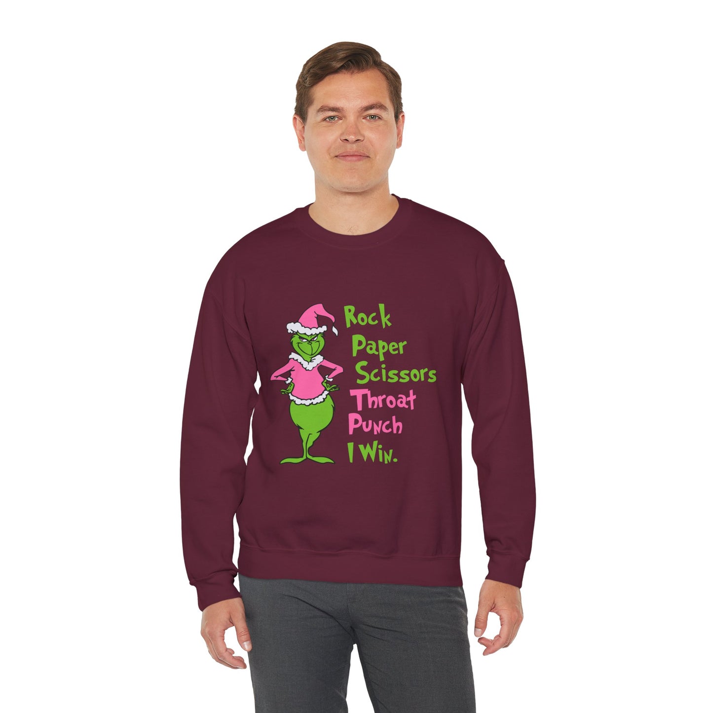 Rock Paper Scissors Throat Punch I Win Funny Christmas Grinch-Inspired Holiday Sweatshirt – Sarcastic Pink Santa Unisex Heavy Blend Crewneck