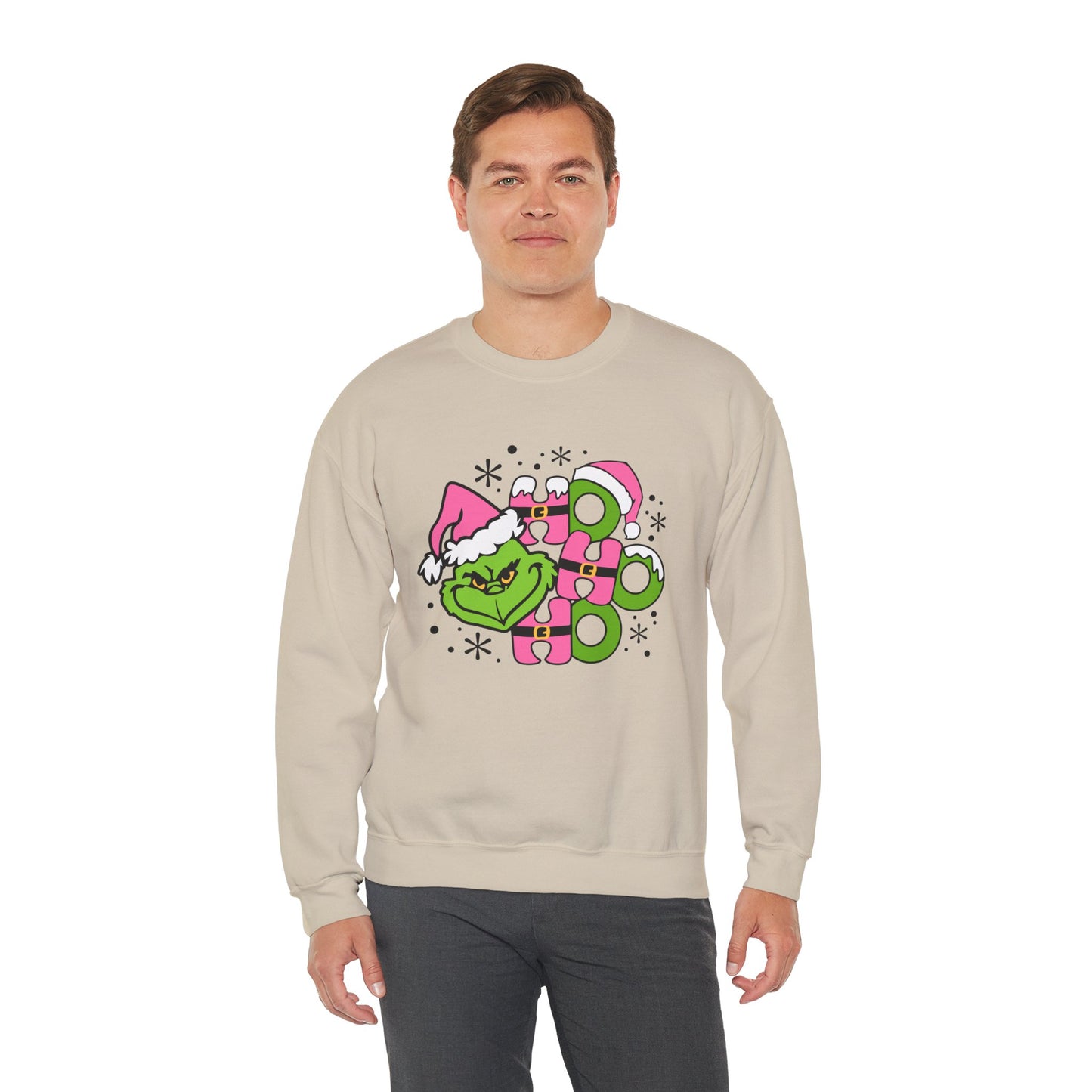 HO HO HO Funny Christmas Grinch-Inspired Holiday Sweatshirt – Cute Pink Santa Unisex Heavy Blend Crewneck