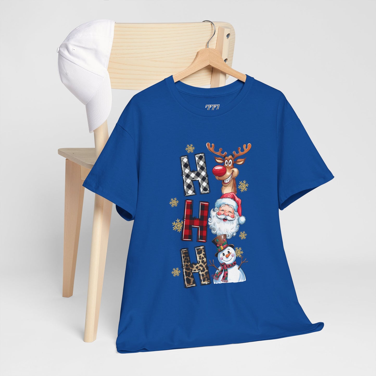 HO HO HO Christmas Unisex Heavy Cotton T-Shirt – Santa, Reindeer & Snowman Holiday Tee