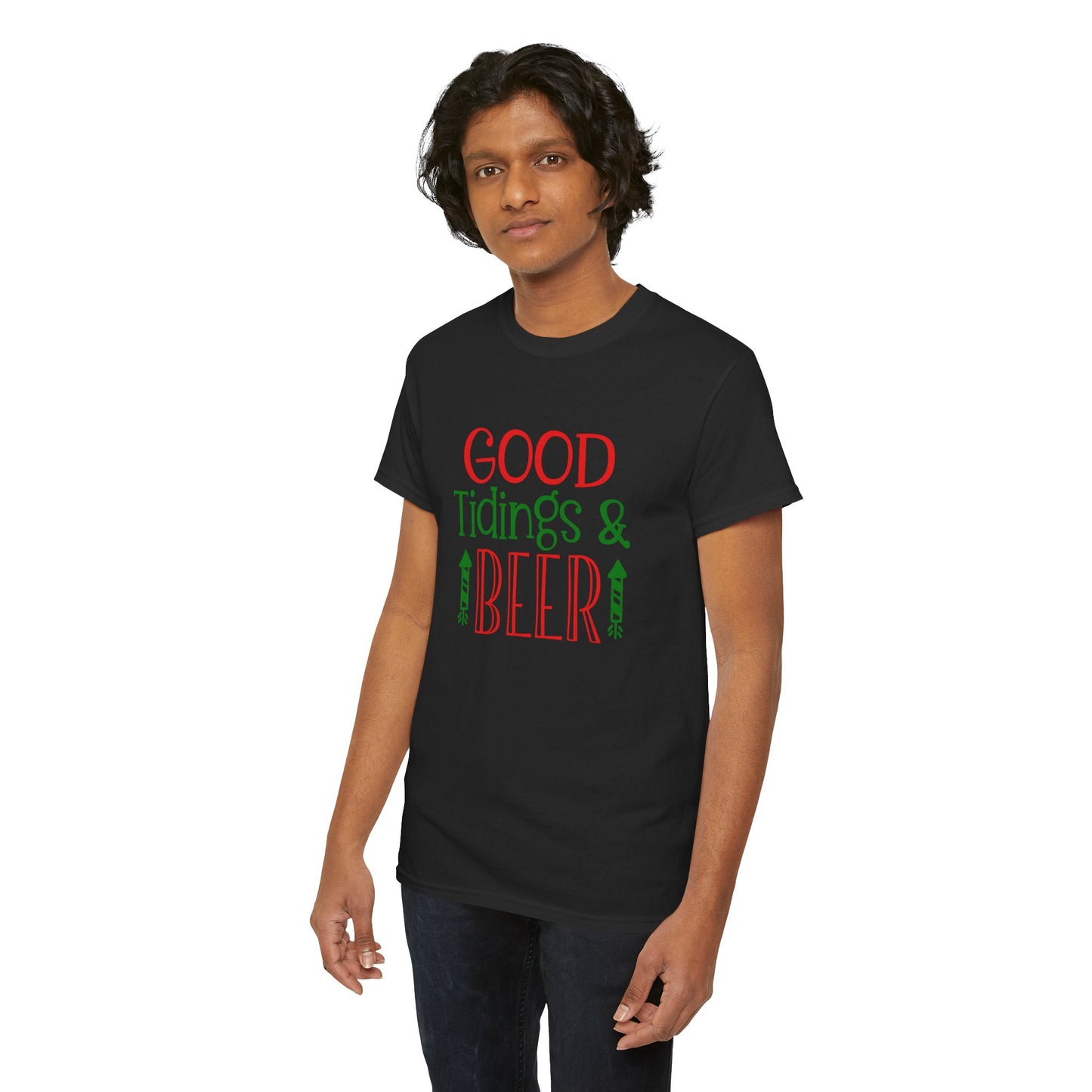 Good Tidings & Beer T-Shirt – Funny Christmas Drinking Unisex Heavy Cotton Tee