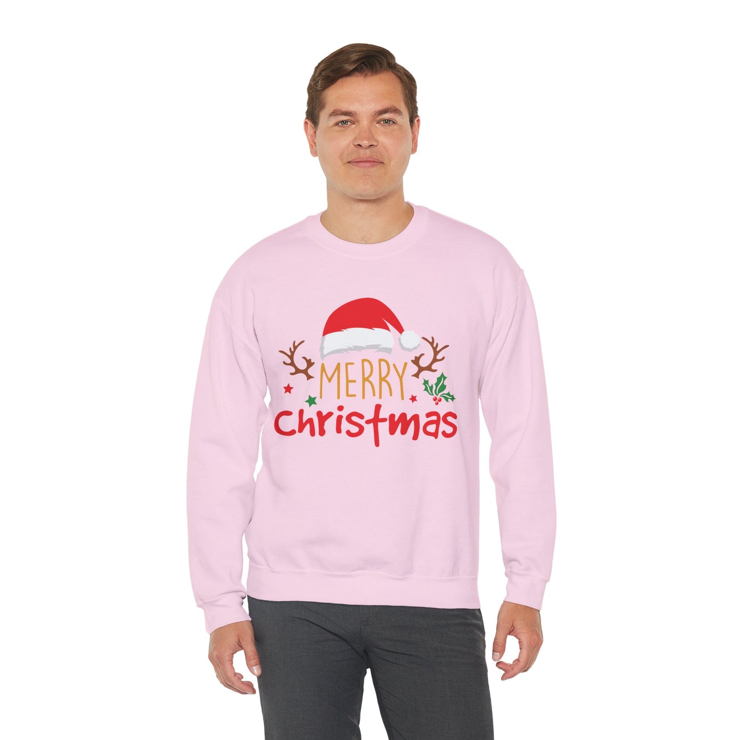 Merry Christmas Reindeer Crewneck – Santa Hat Holiday Unisex Sweatshirt, Festive Xmas Pullover