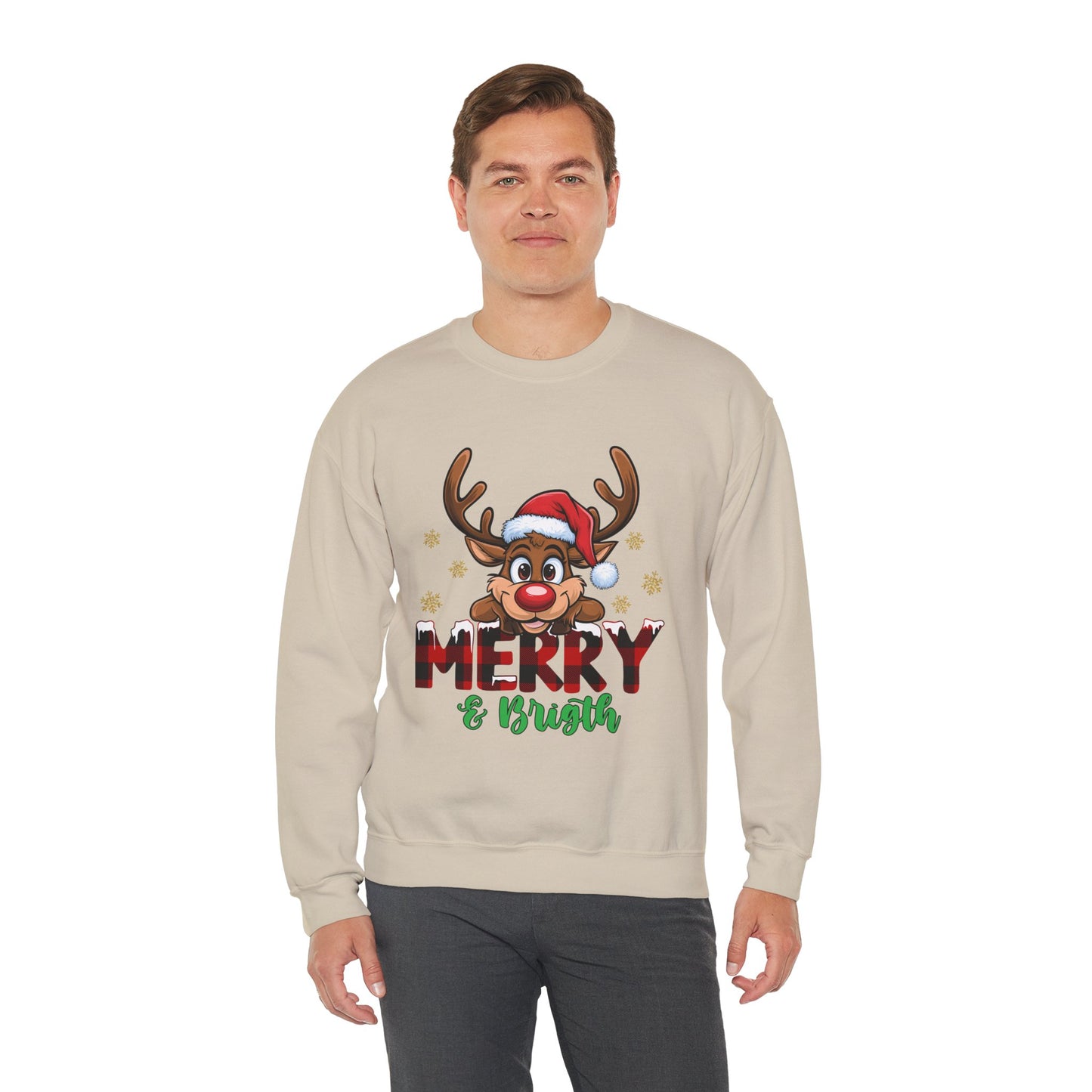 Merry & Bright Unisex Heavy Blend Crewneck Sweatshirt – Cute Christmas Reindeer Holiday Sweater