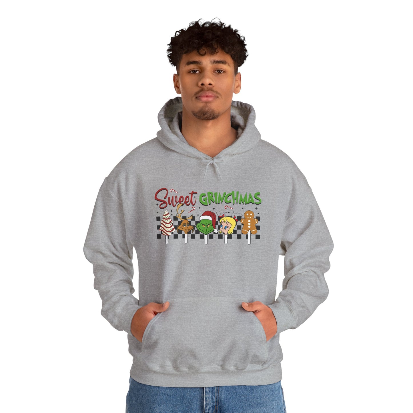 Sweet Grinchmas Candy Characters Funny Christmas Hoodie – Cute Holiday Treats Grinch-Inspired Unisex Heavy Blend Hooded Sweatshirt