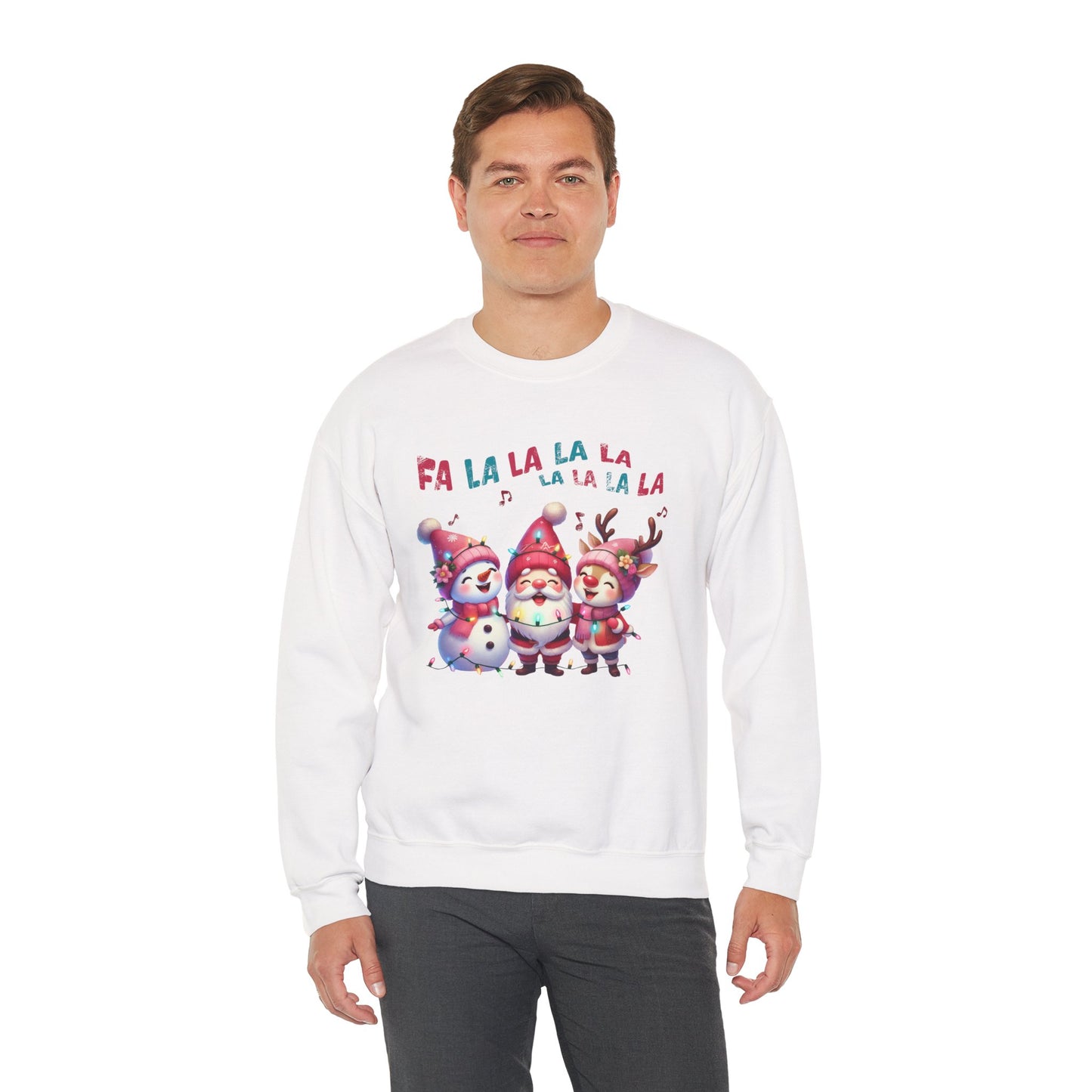 Festive Caroling Trio Christmas Crewneck – Cute Santa, Snowman & Reindeer Holiday Sweatshirt (Unisex)
