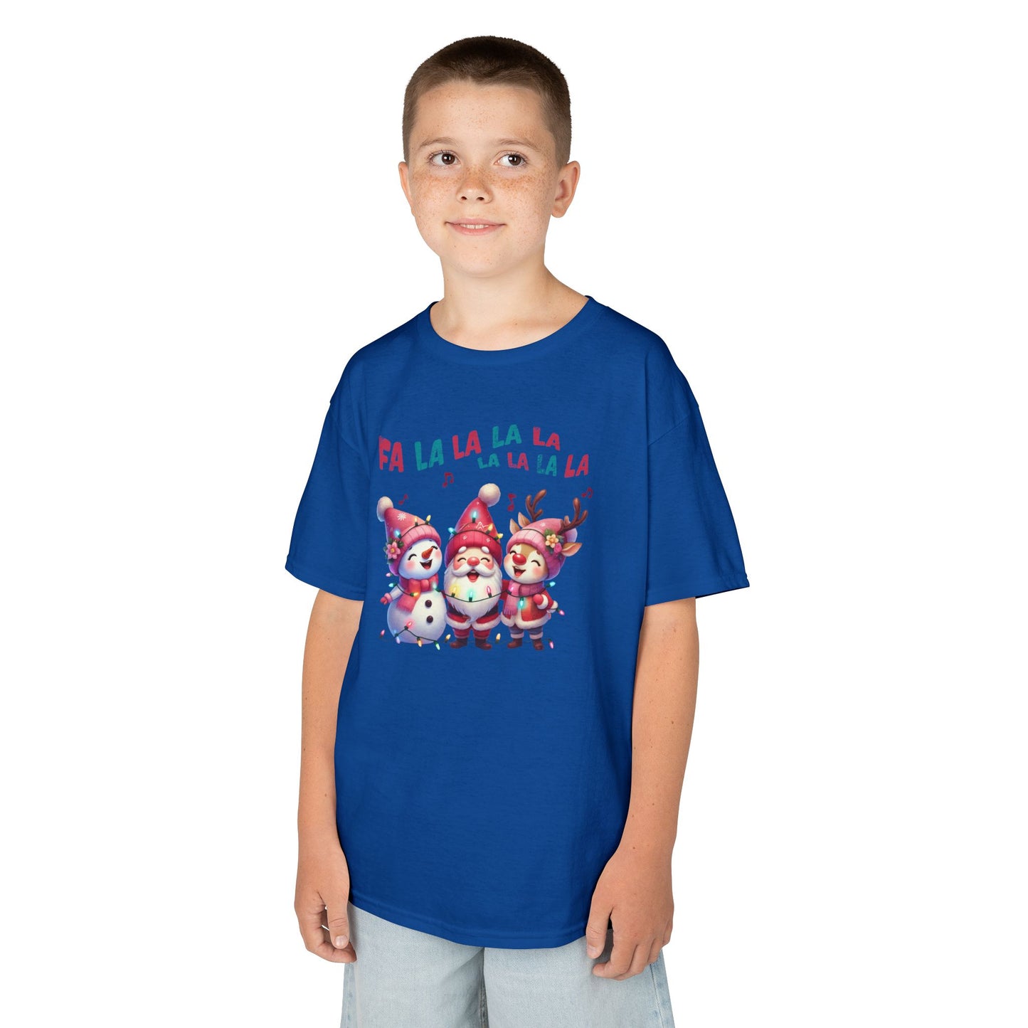 Festive Caroling Trio Kids Christmas T-Shirt – Cute Santa, Snowman & Reindeer Holiday Tee