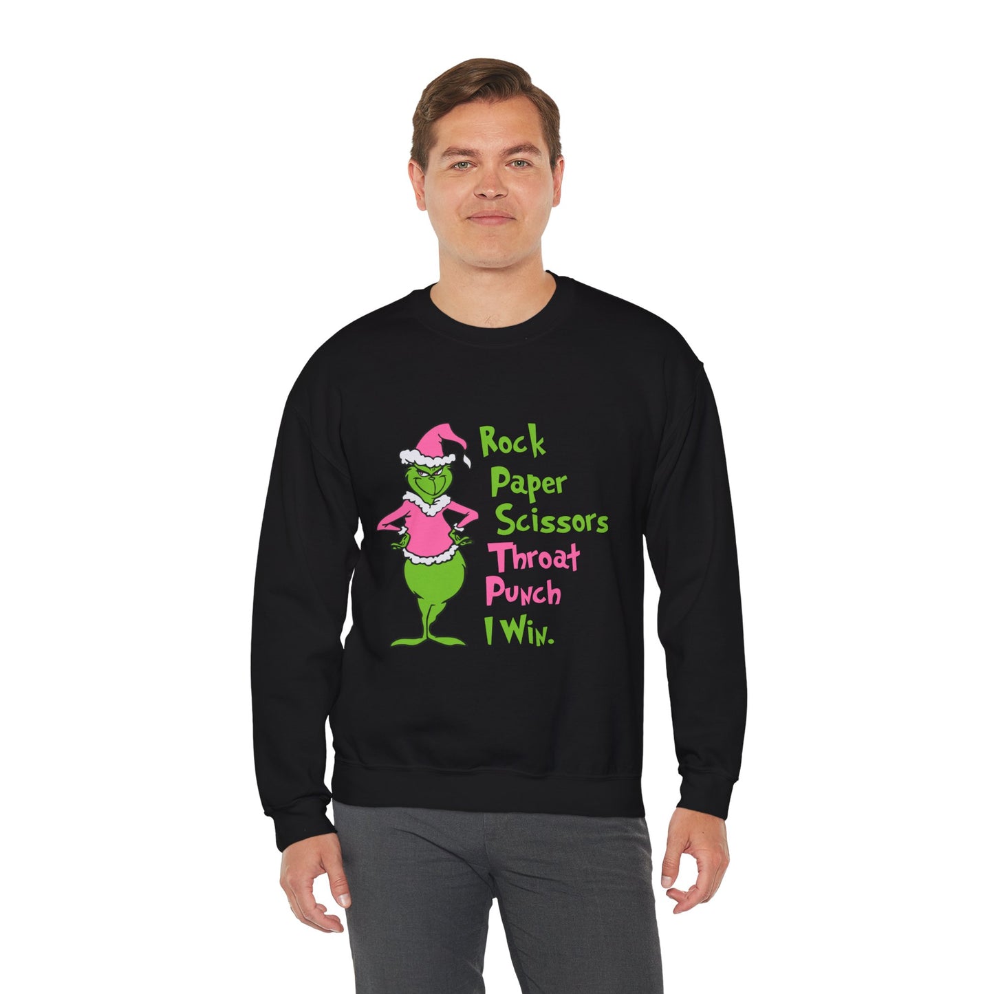 Rock Paper Scissors Throat Punch I Win Funny Christmas Grinch-Inspired Holiday Sweatshirt – Sarcastic Pink Santa Unisex Heavy Blend Crewneck