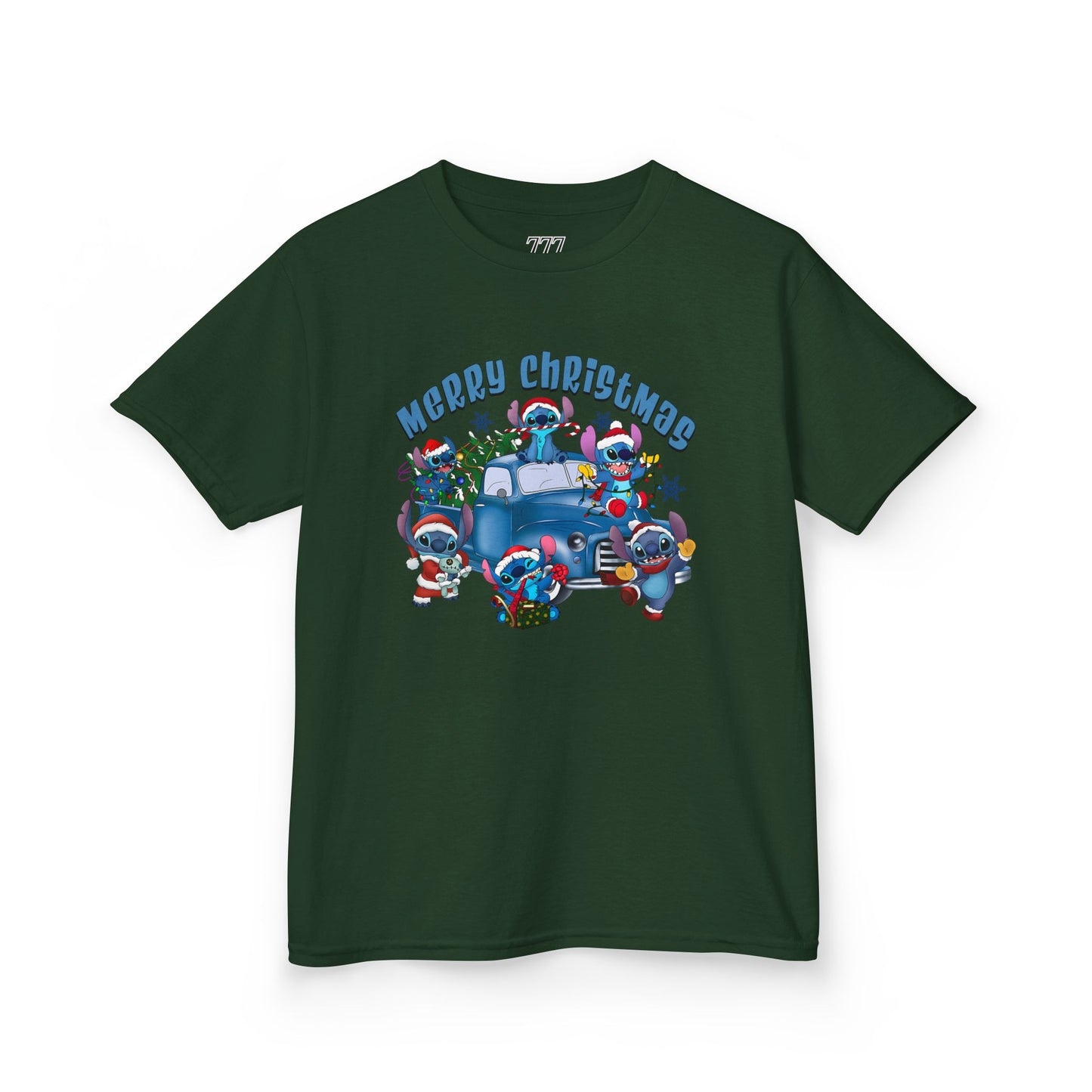 Merry Christmas Kids T-Shirt – Cute Blue Holiday Characters & Christmas Truck Tee