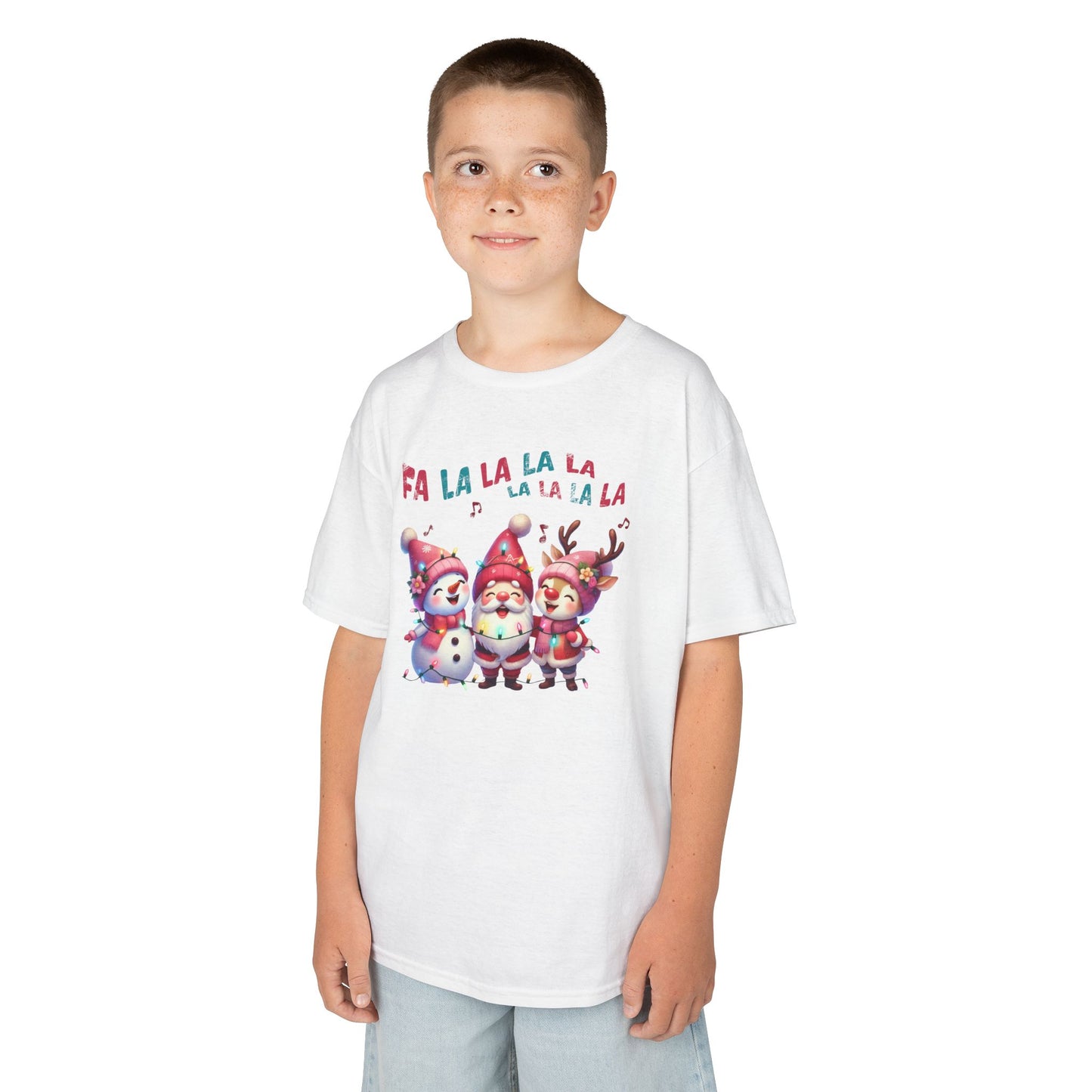 Festive Caroling Trio Kids Christmas T-Shirt – Cute Santa, Snowman & Reindeer Holiday Tee