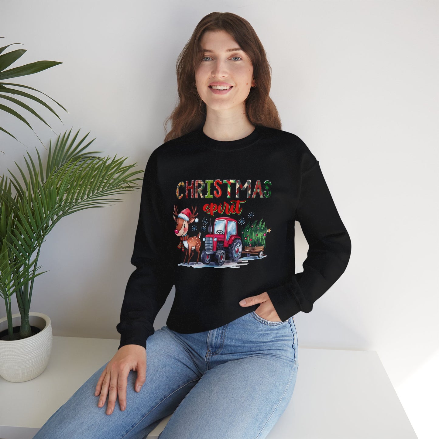 Christmas Spirit Unisex Heavy Blend Crewneck Sweatshirt – Cute Reindeer & Red Tractor Holiday Sweater