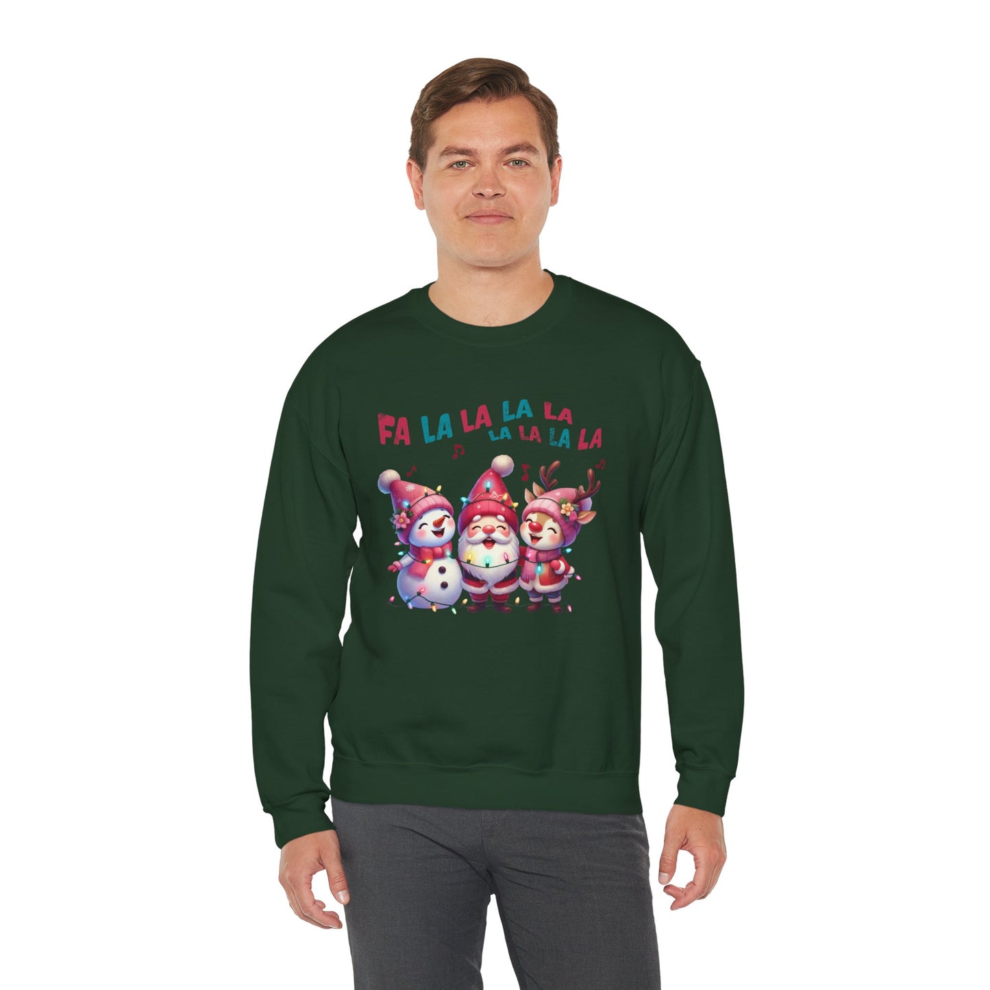 Festive Caroling Trio Christmas Crewneck – Cute Santa, Snowman & Reindeer Holiday Sweatshirt (Unisex)