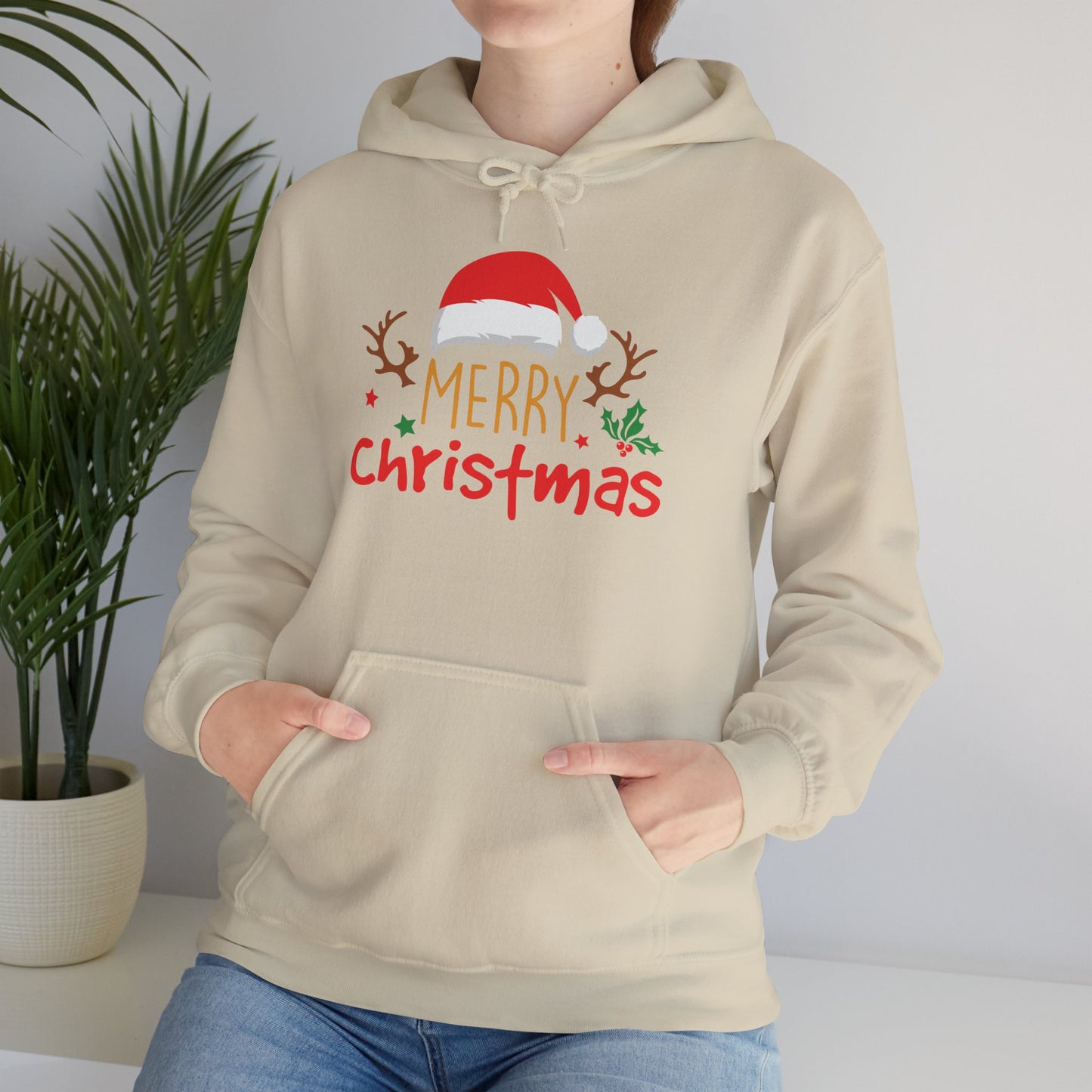 Merry Christmas Reindeer Hoodie – Santa Hat Holiday Unisex Sweatshirt, Festive Xmas Pullover