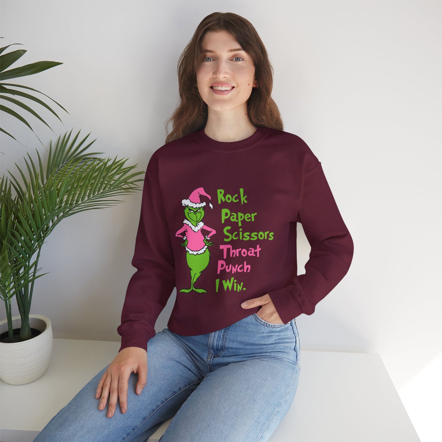 Rock Paper Scissors Throat Punch I Win Funny Christmas Grinch-Inspired Holiday Sweatshirt – Sarcastic Pink Santa Unisex Heavy Blend Crewneck