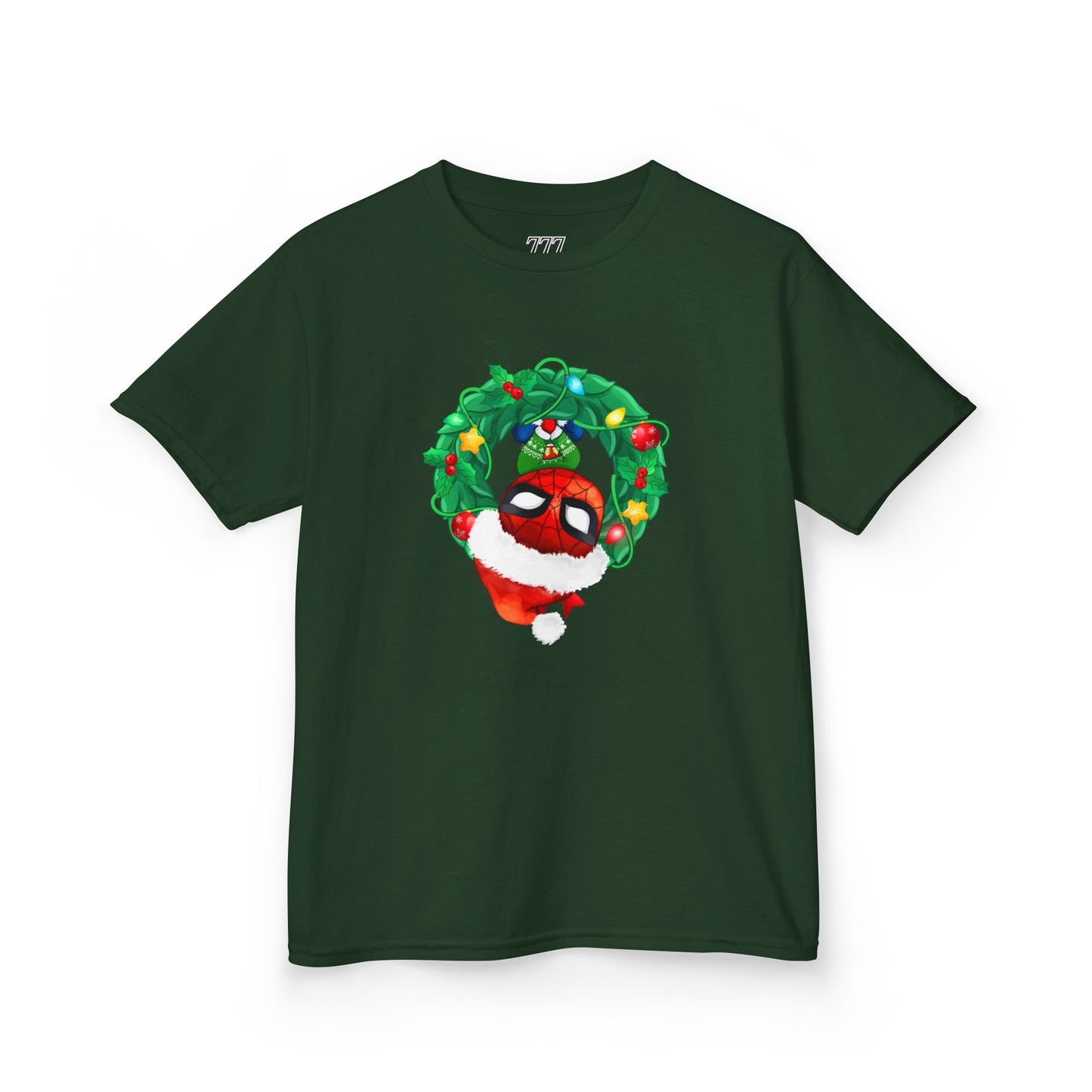 Spidey Wreath Kids Christmas Tee – Superhero Holiday Shirt for Kids Heavy Cotton T-Shirt
