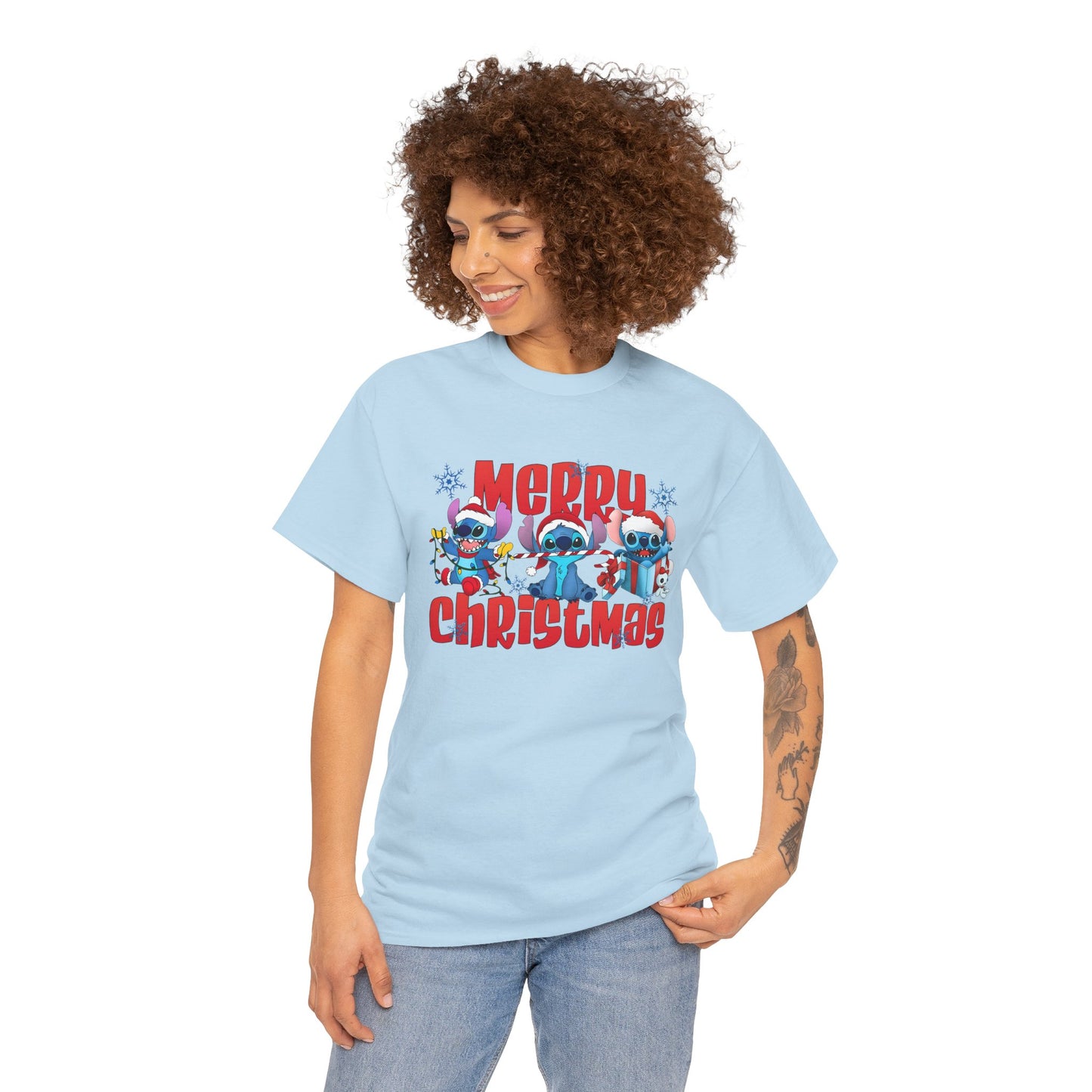 Merry Christmas Unisex Heavy Cotton T-Shirt – Cute Blue Holiday Characters Christmas Tee