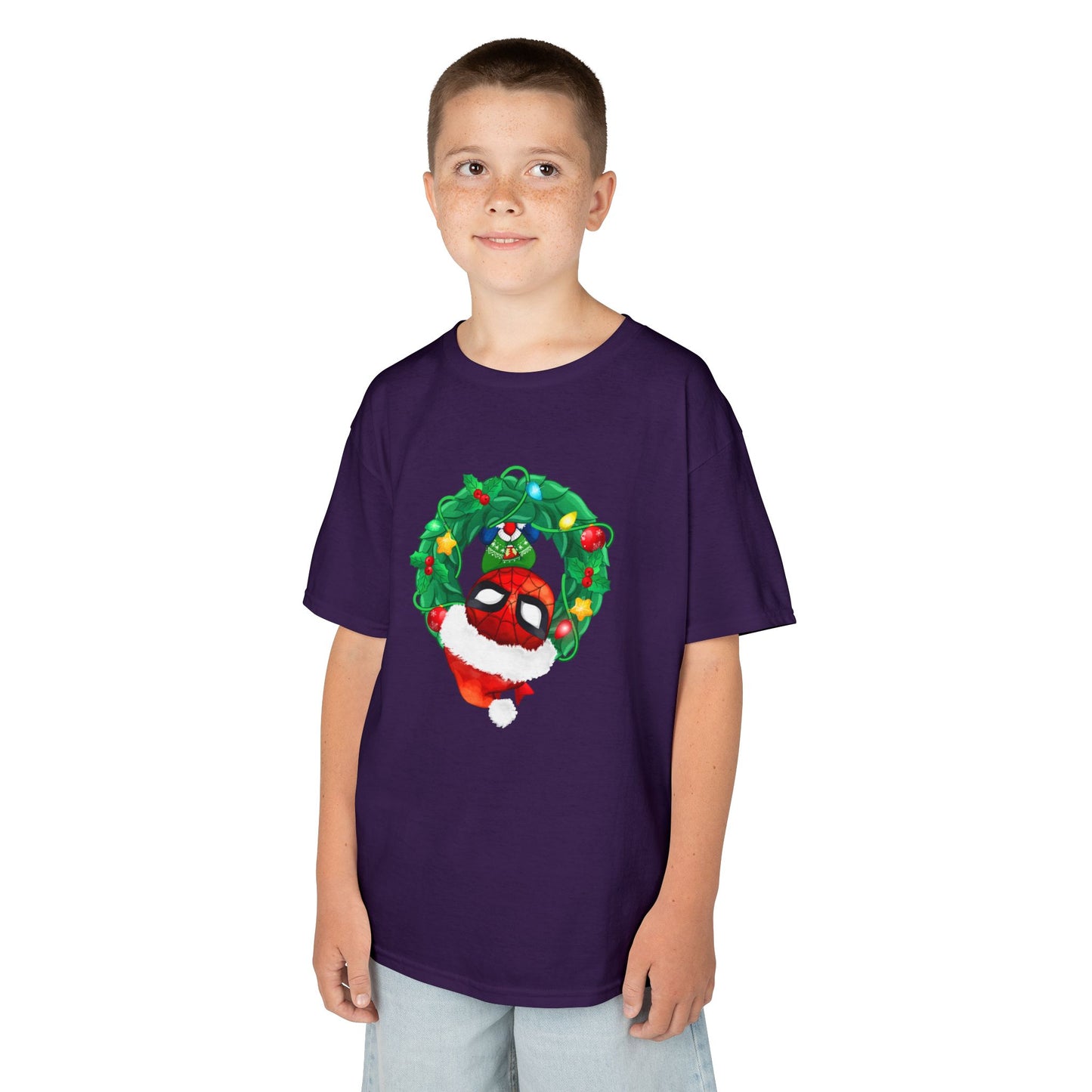 Spidey Wreath Kids Christmas Tee – Superhero Holiday Shirt for Kids Heavy Cotton T-Shirt