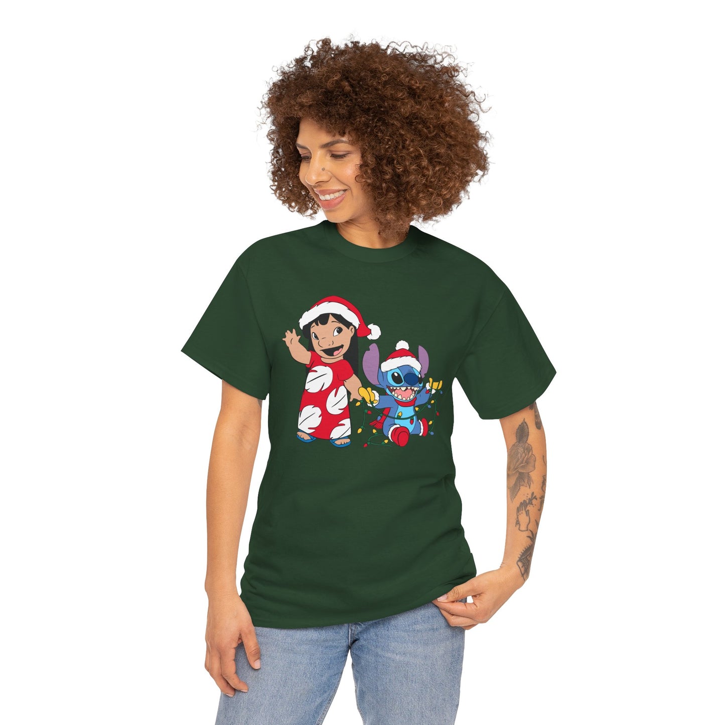 Island Holiday Duo T-Shirt – Festive Blue Alien & Girl Graphic Tee