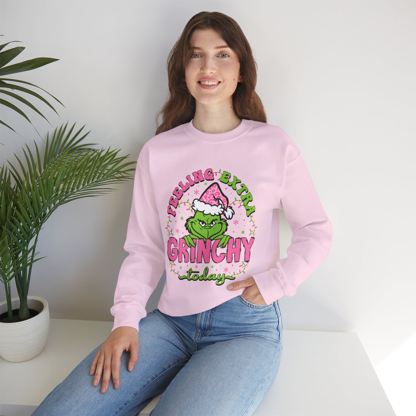Feeling Extra Grinchy Today Funny Christmas Grinch-Inspired Holiday Sweatshirt – Pink Santa Festive Unisex Heavy Blend Crewneck