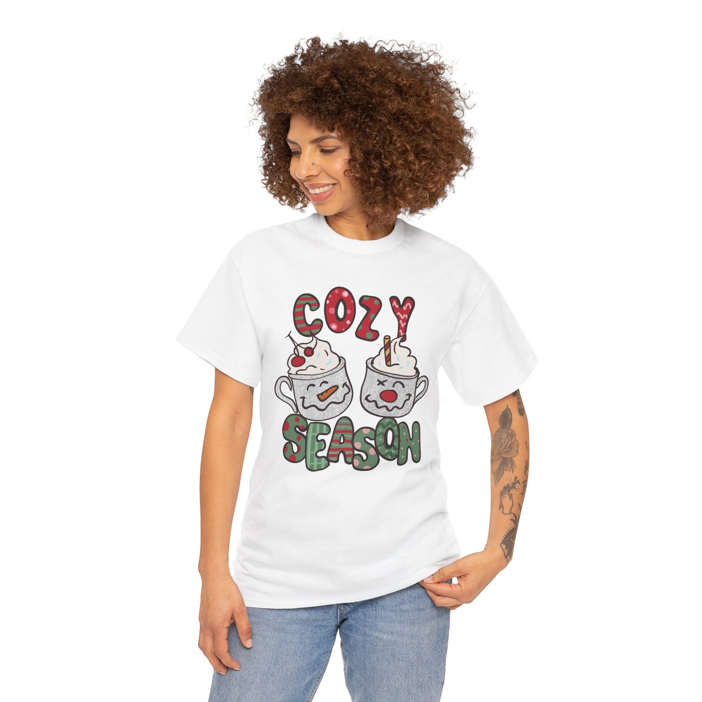 Cozy Season Christmas Unisex Heavy Cotton T-Shirt – Cute Holiday Hot Cocoa Tee