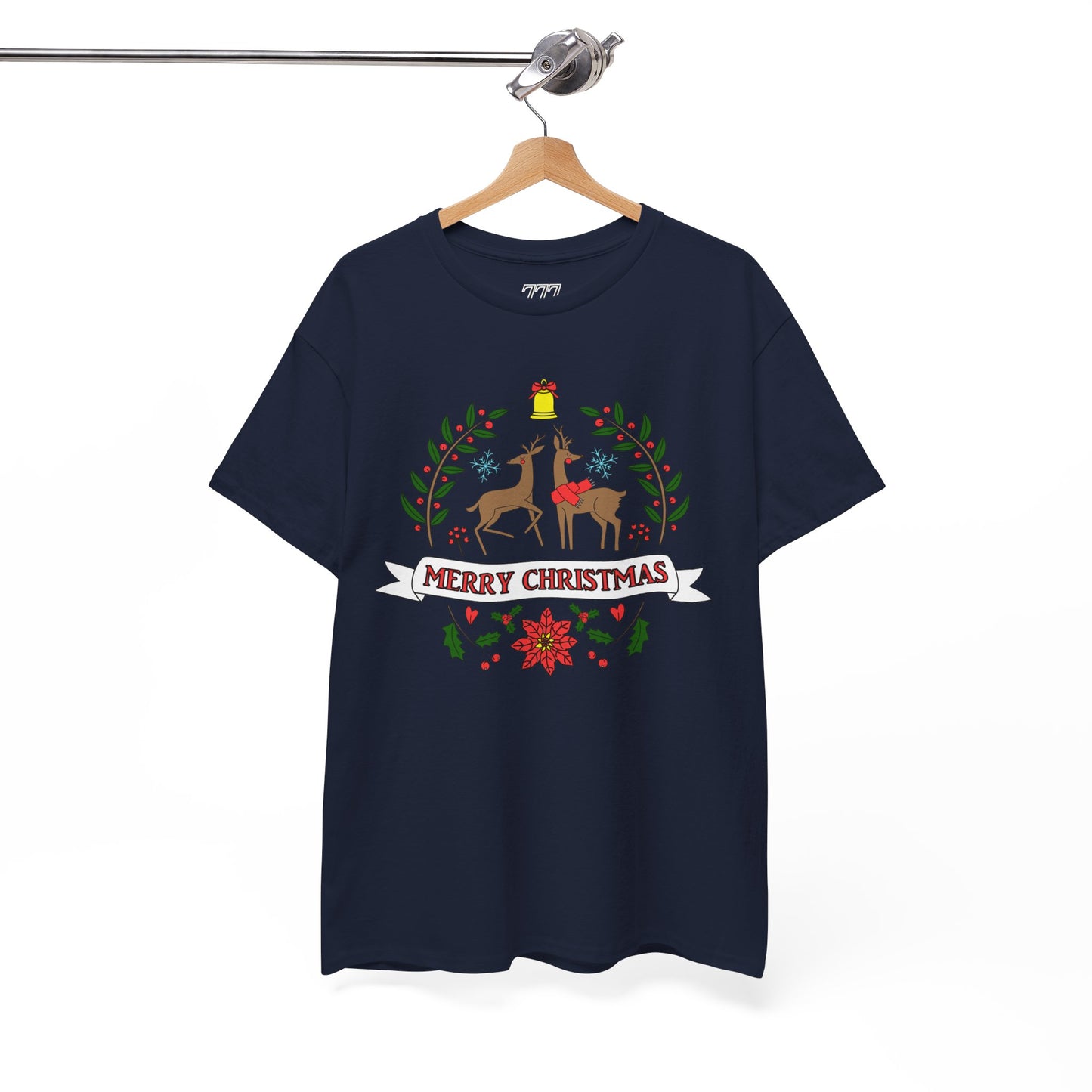 Merry Christmas Reindeer T-Shirt – Classic Holiday Laurel & Poinsettia Tee (Unisex)